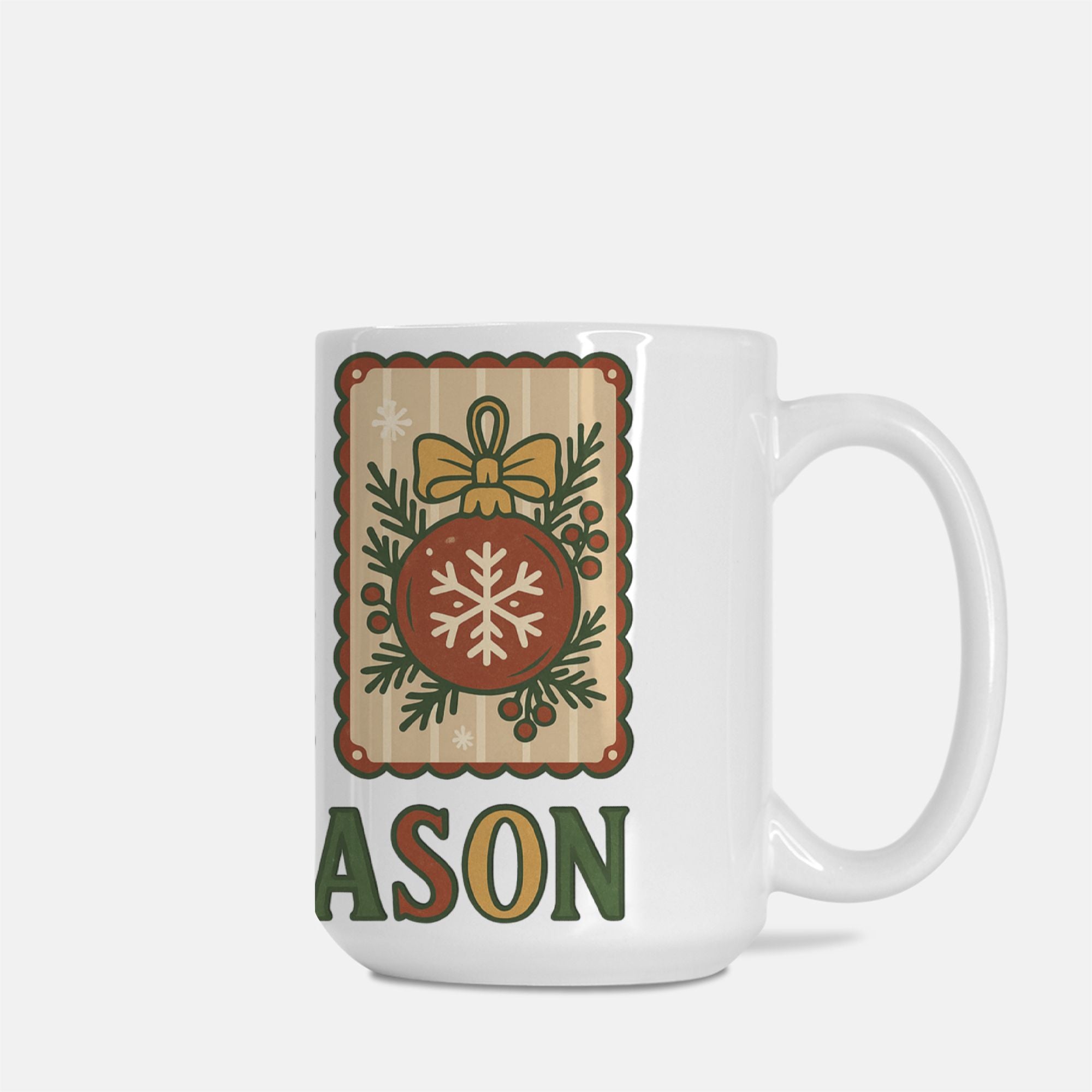 White mug with Christmas-themed design and 'Tis The Season' text on a white background