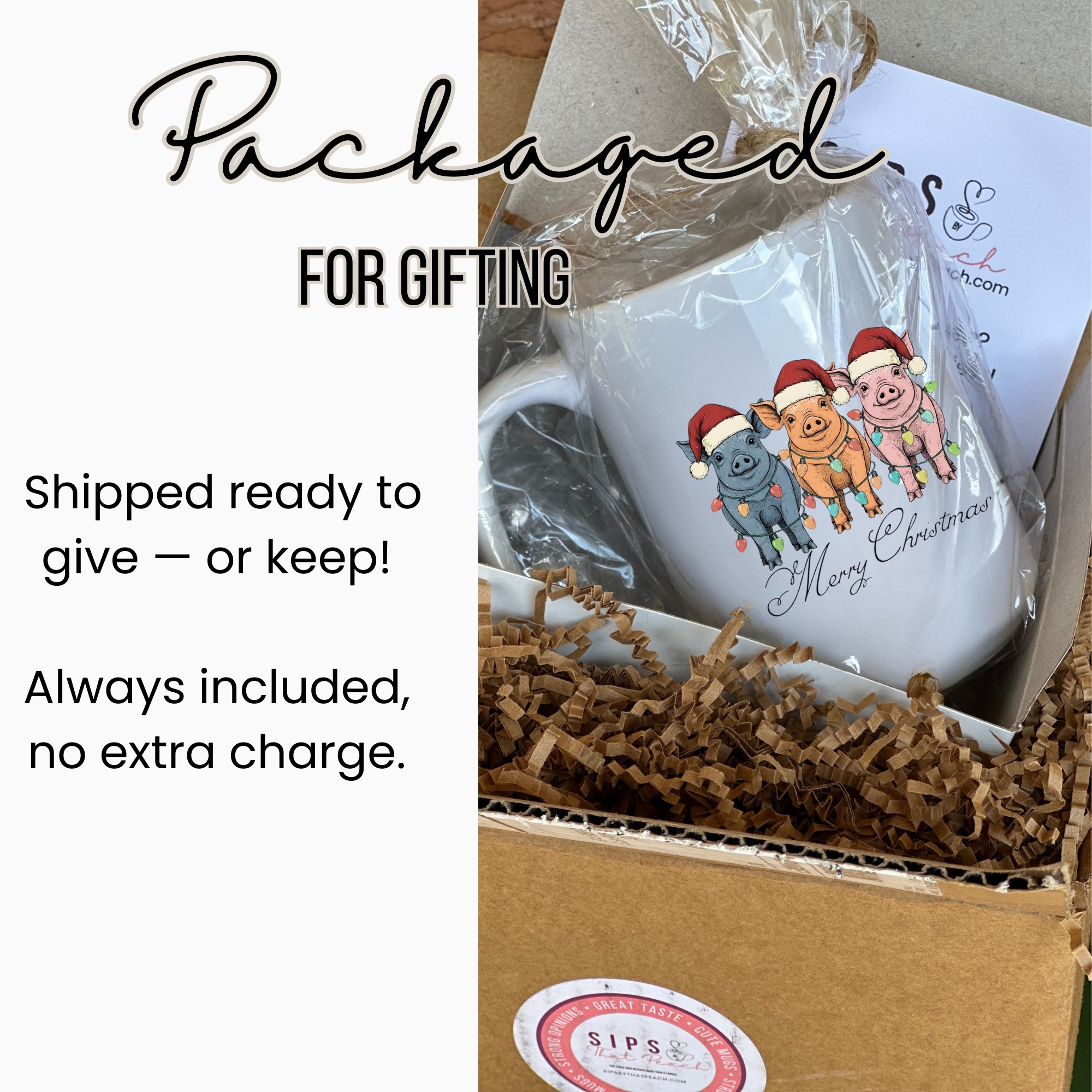 Mug with Christmas design in a gift box, text indicating 'Packaged for gifting' and 'Shipped ready to give -- or keep!'.