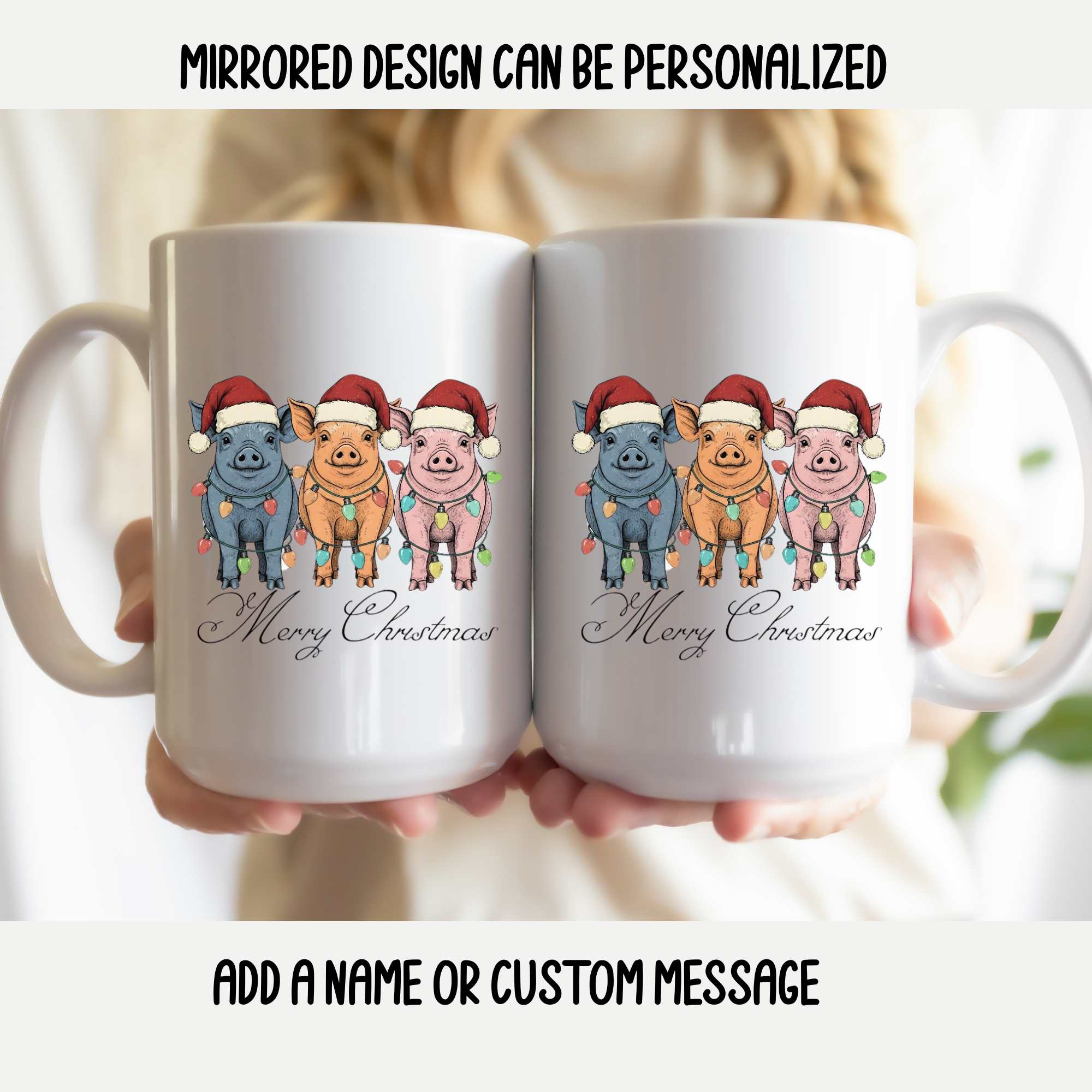 Two mugs with Christmas-themed design of pigs wearing Santa hats and wreaths, held together.