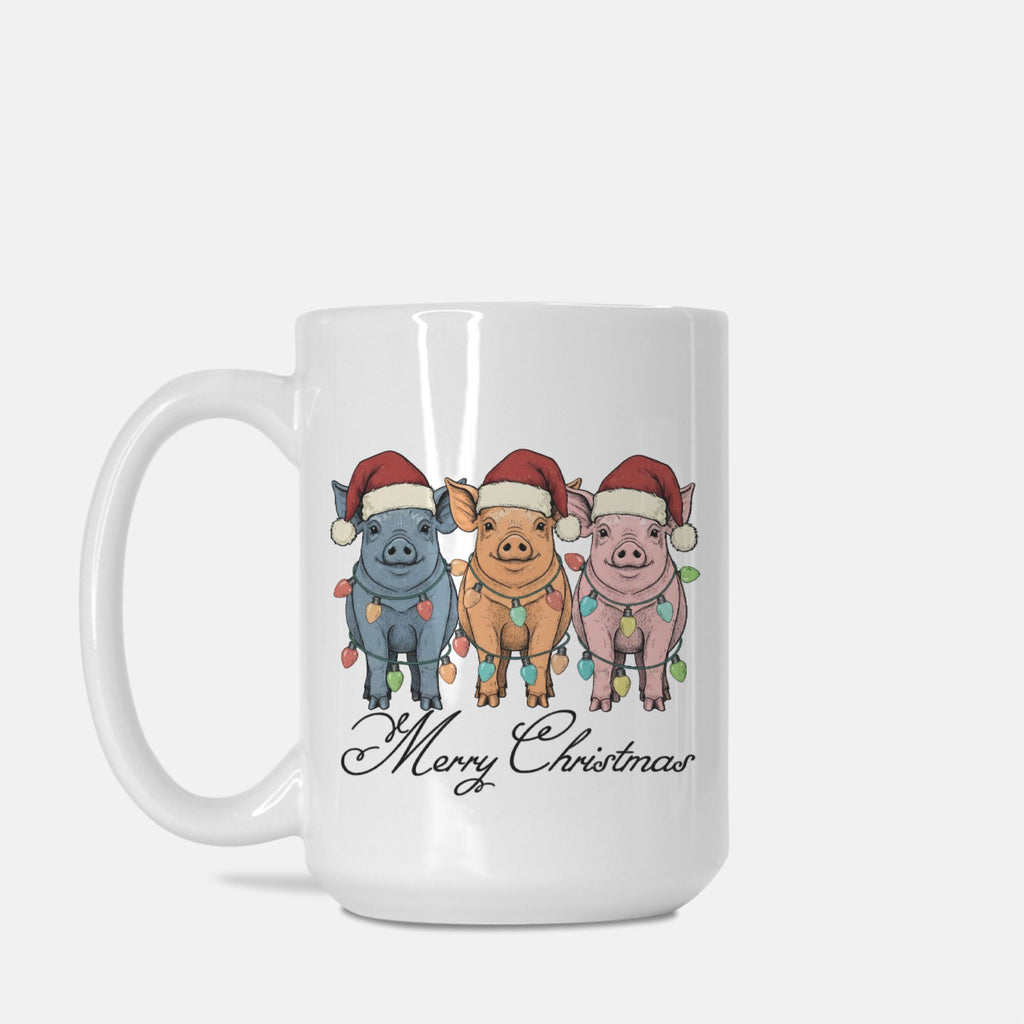 White mug with Christmas-themed design of pigs wearing Santa hats and lights, and 'Merry Christmas' text.