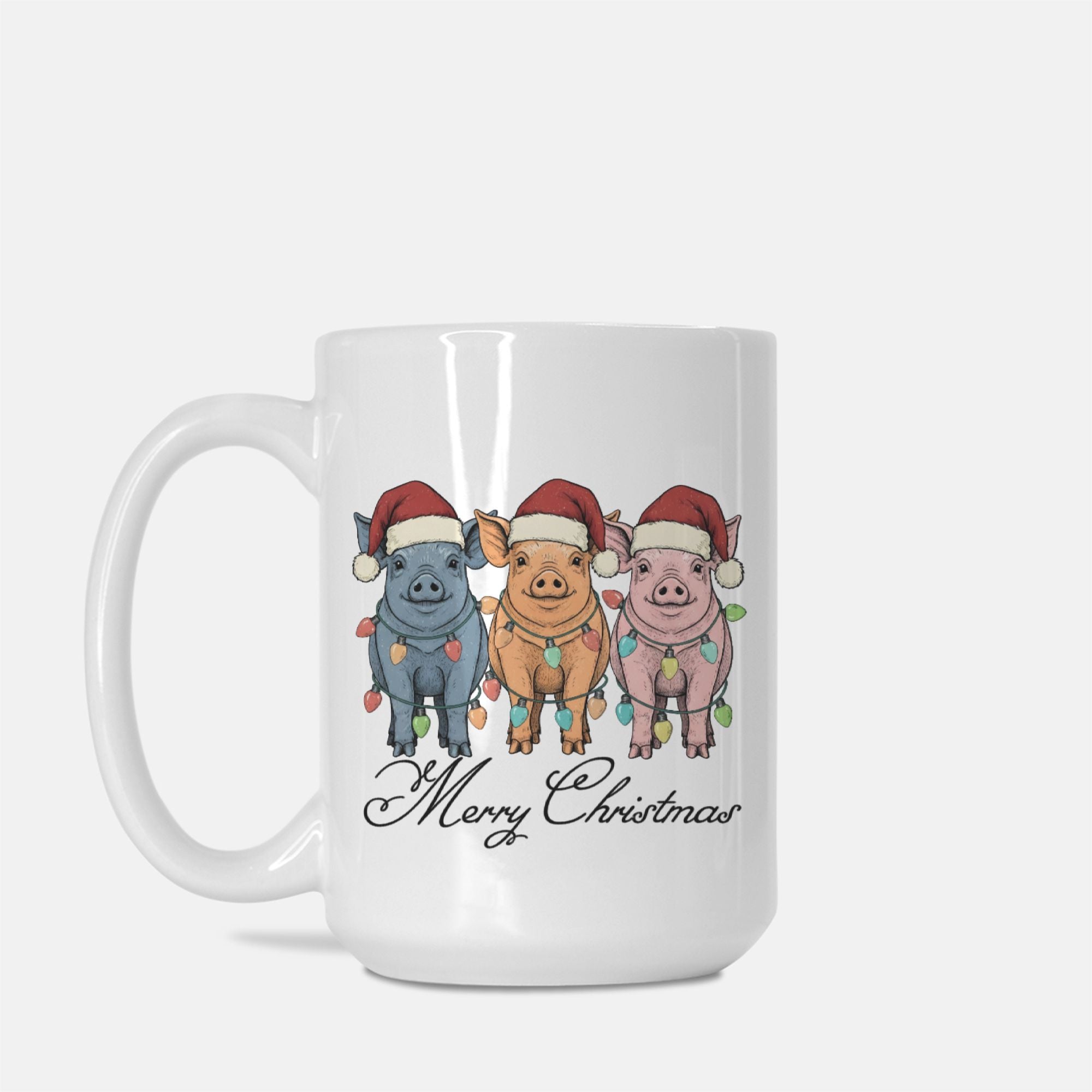 White mug with Christmas-themed design of pigs wearing Santa hats and lights, and 'Merry Christmas' text.
