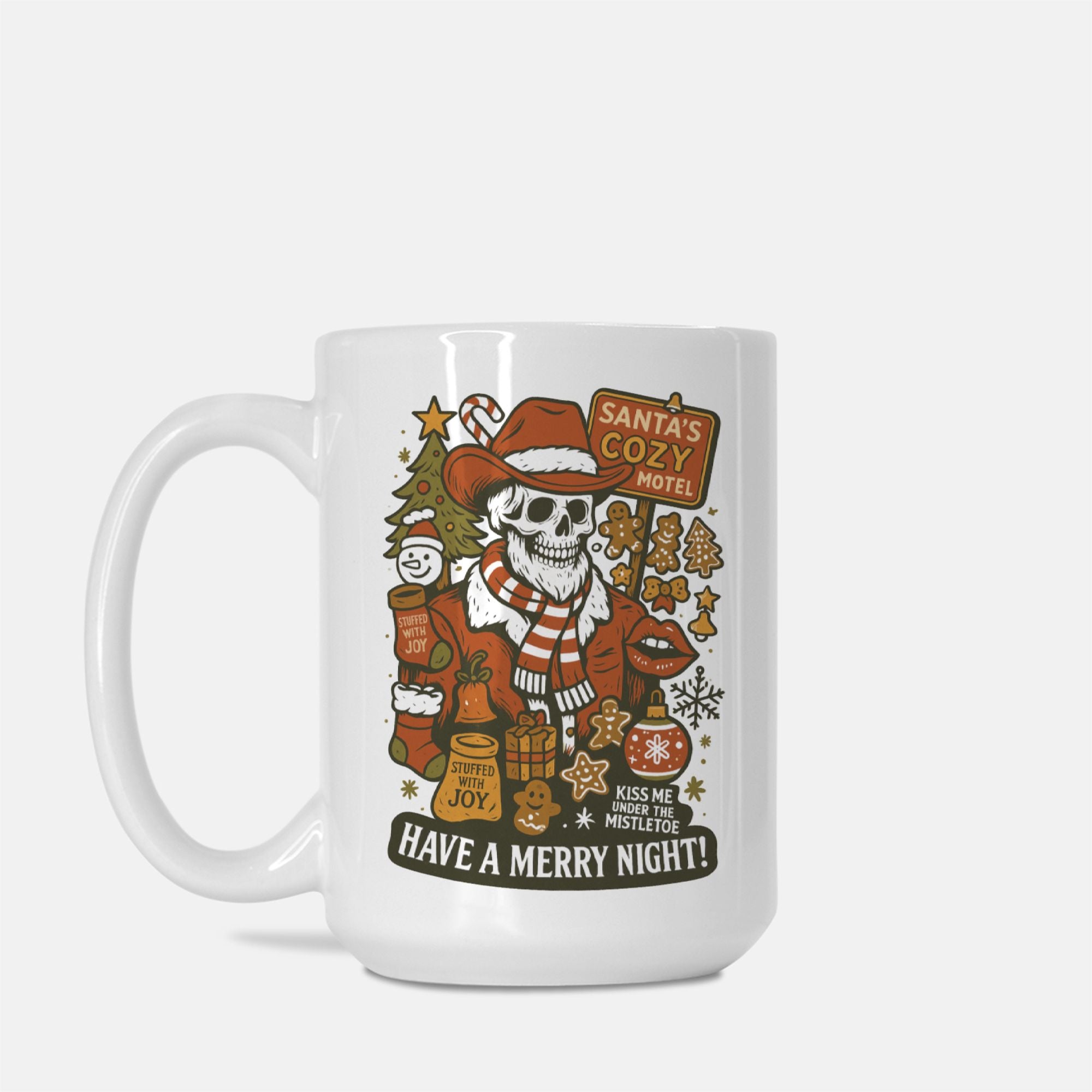 White mug with a festive design featuring a skeleton in a Santa hat and scarf, surrounded by Christmas elements.