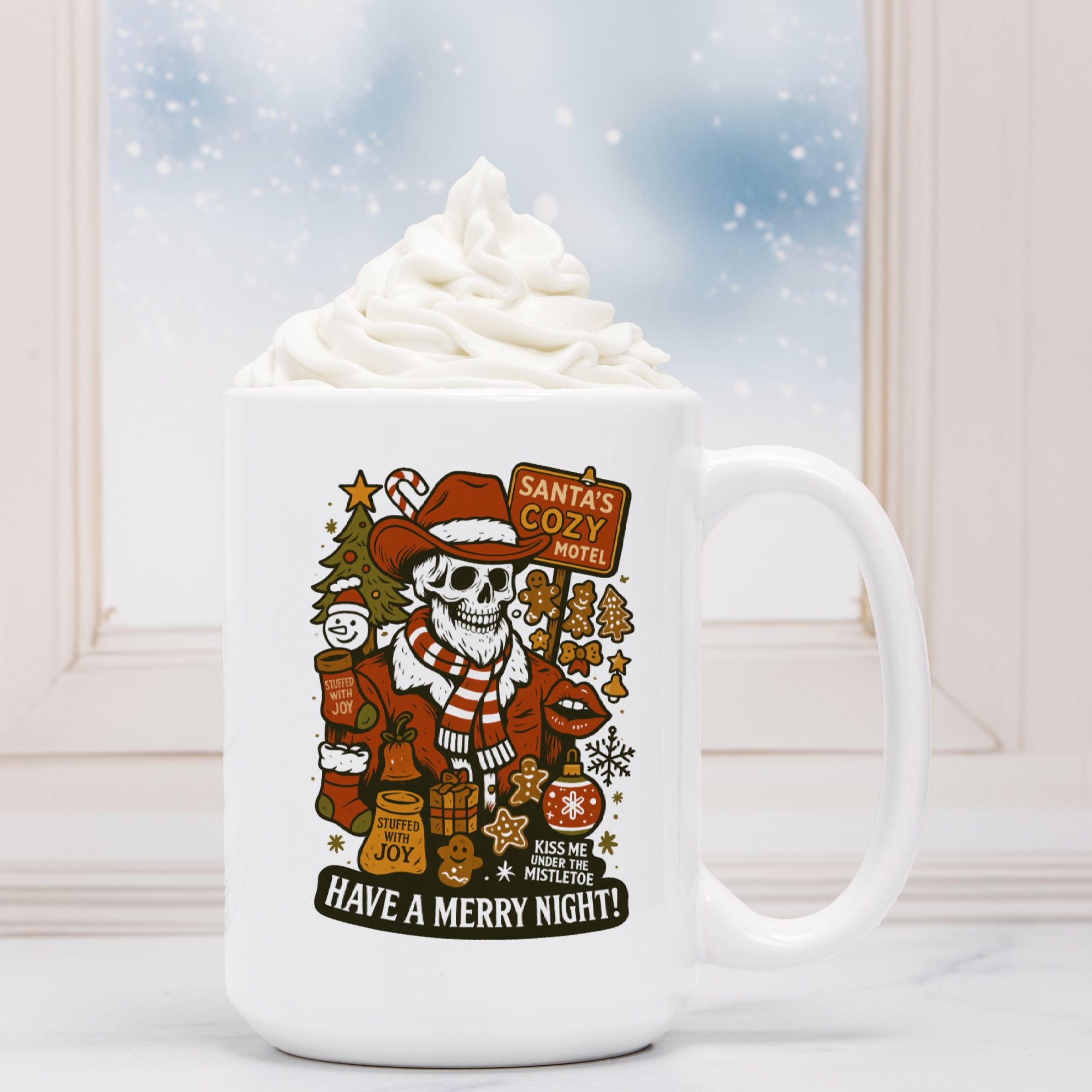 White mug with a skull design and text, filled with hot chocolate and whipped cream, against a snowy window background.