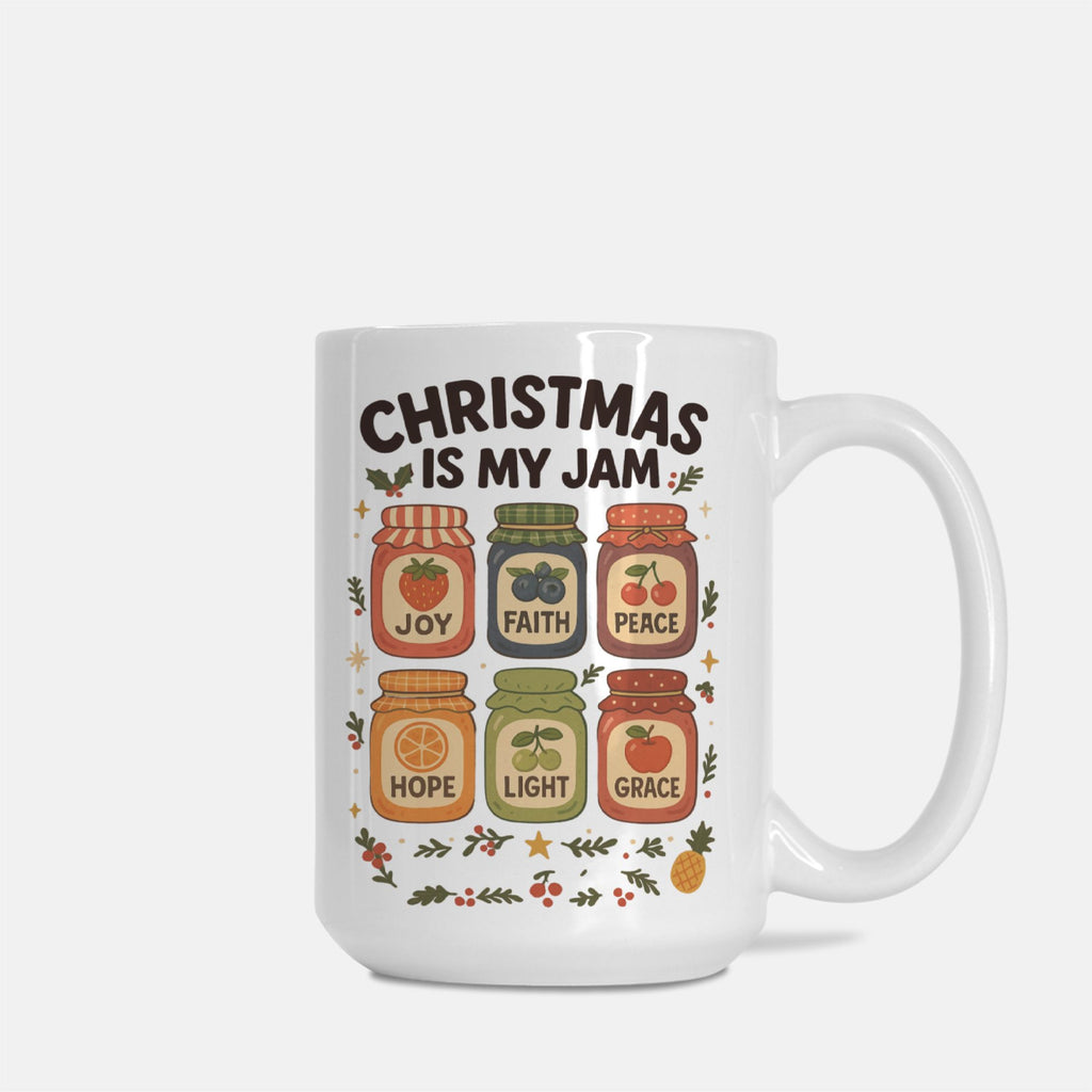 White mug with Christmas-themed design of watercolor Jam Jars and text ' Christmas is my jam' on a white background