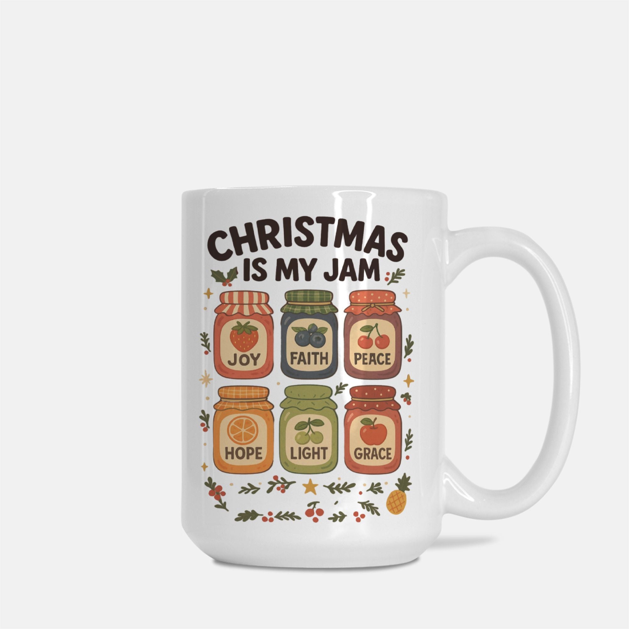 White mug with Christmas-themed design of watercolor Jam Jars and text ' Christmas is my jam' on a white background