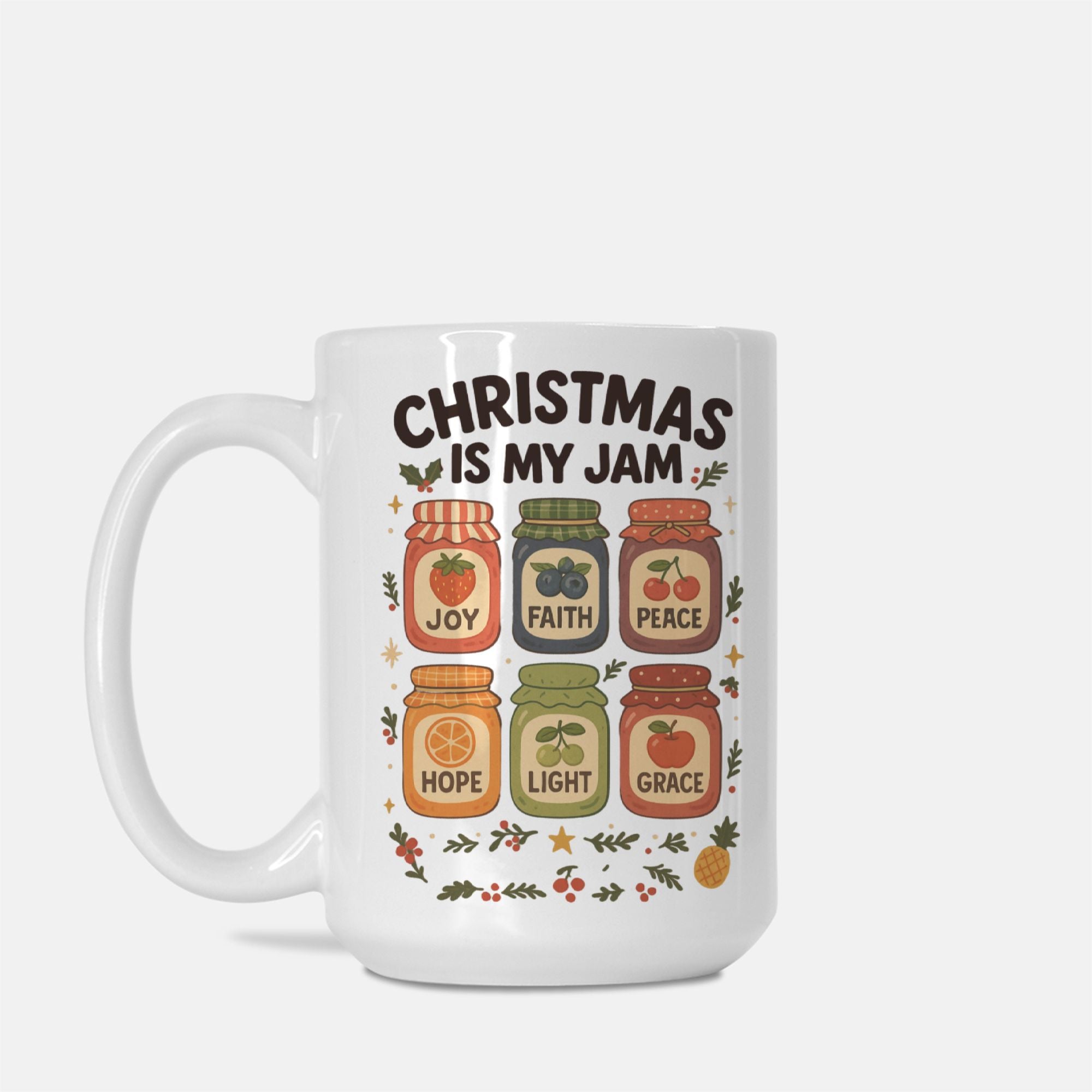 White mug with Christmas-themed design featuring jars of Jam and text on a white background