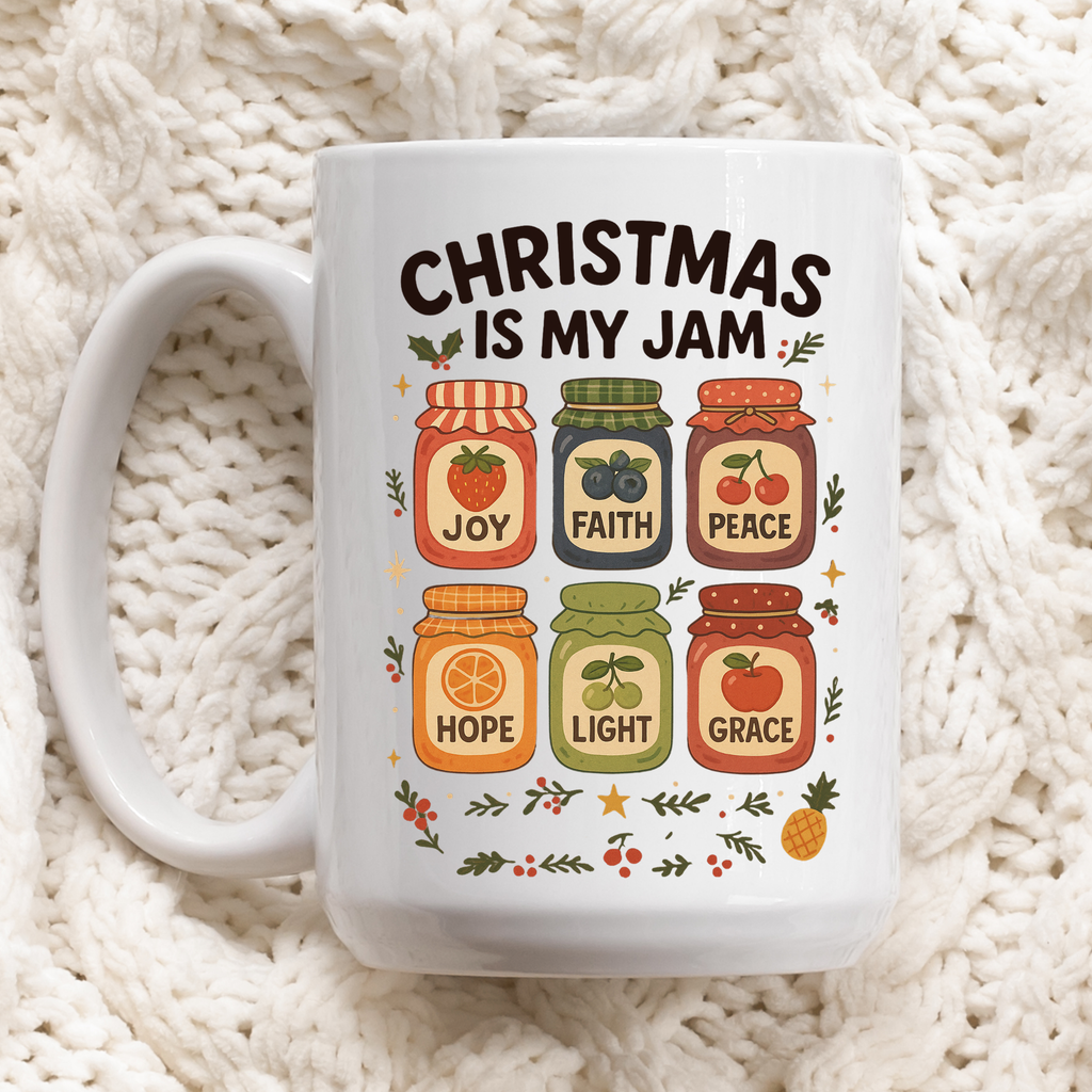White mug with Christmas-themed design on a white textured background