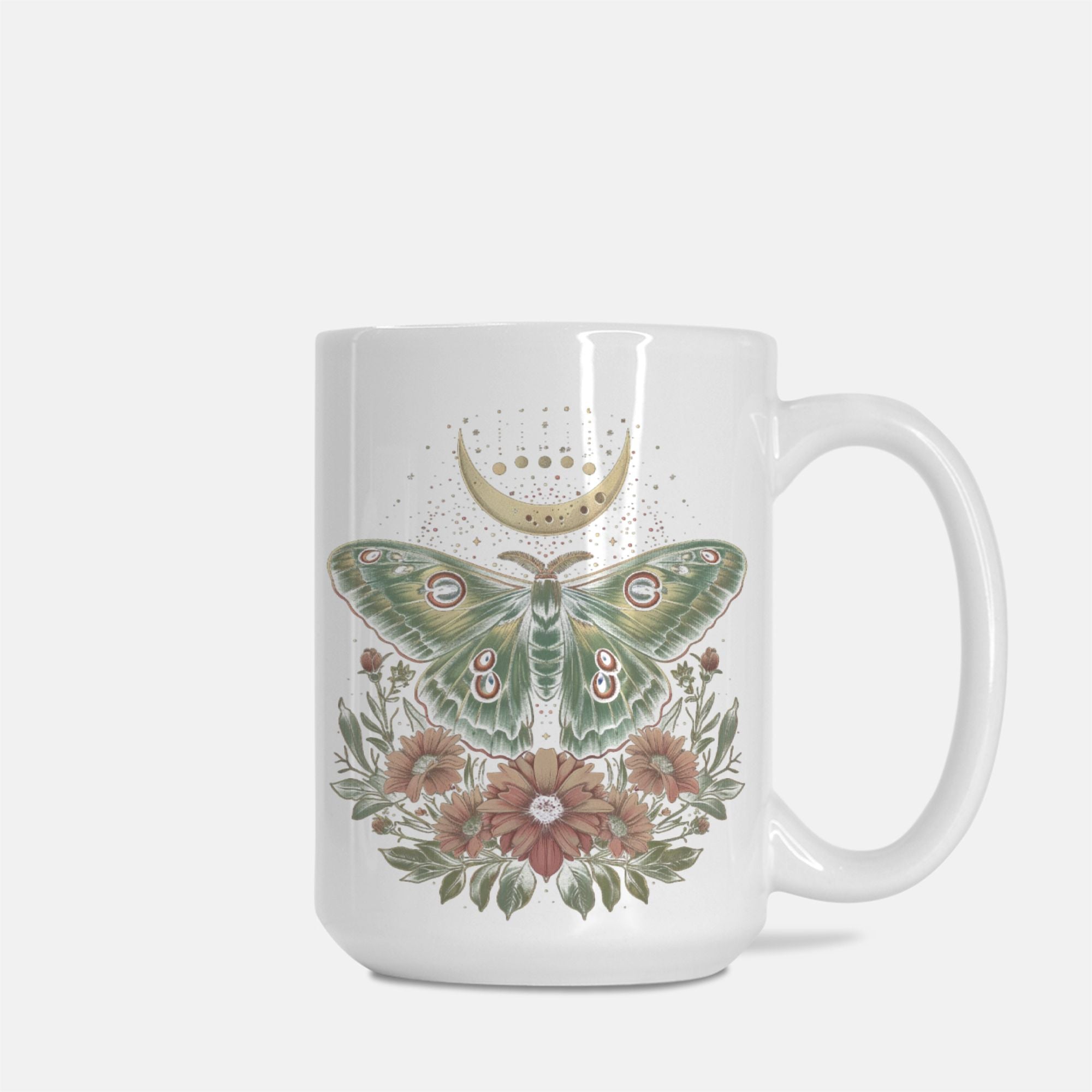 White mug with a green butterfly and floral design on a white background