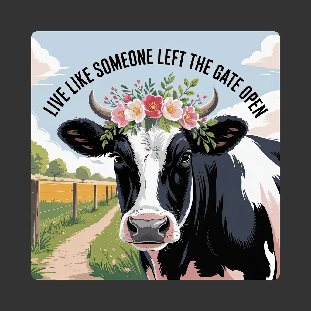 Cow with floral crown and countryside background with text 'Live like someone left the gate open'.