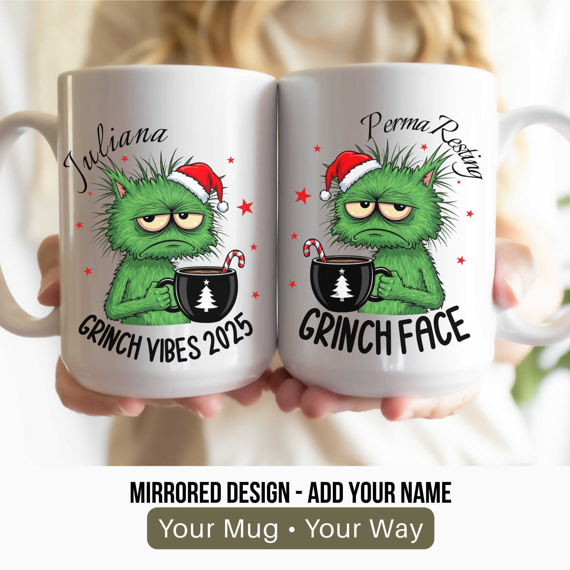 Perma Resting Grinch Face Cat Mug – Custom Name | Funny Holiday Christmas Coffee Cup | Grinch Vibes 2025