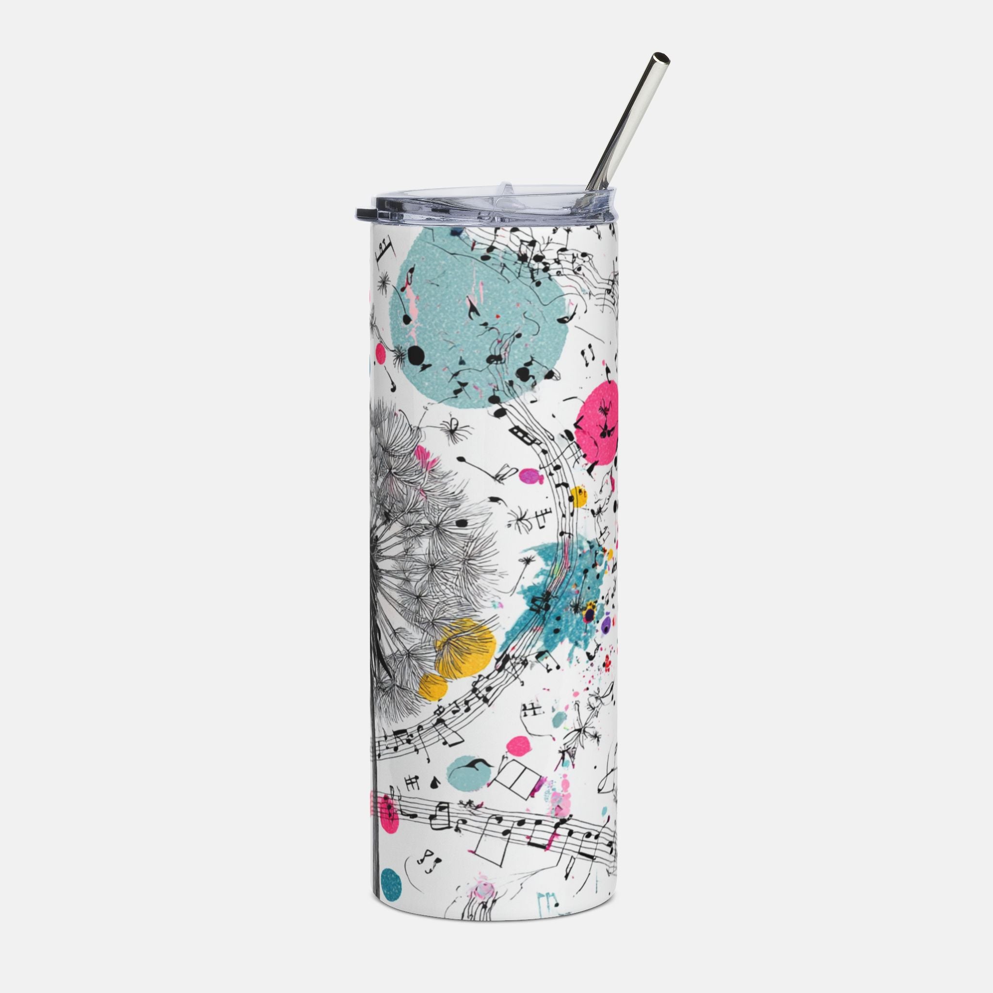 Tumbler with musical note design on a white background