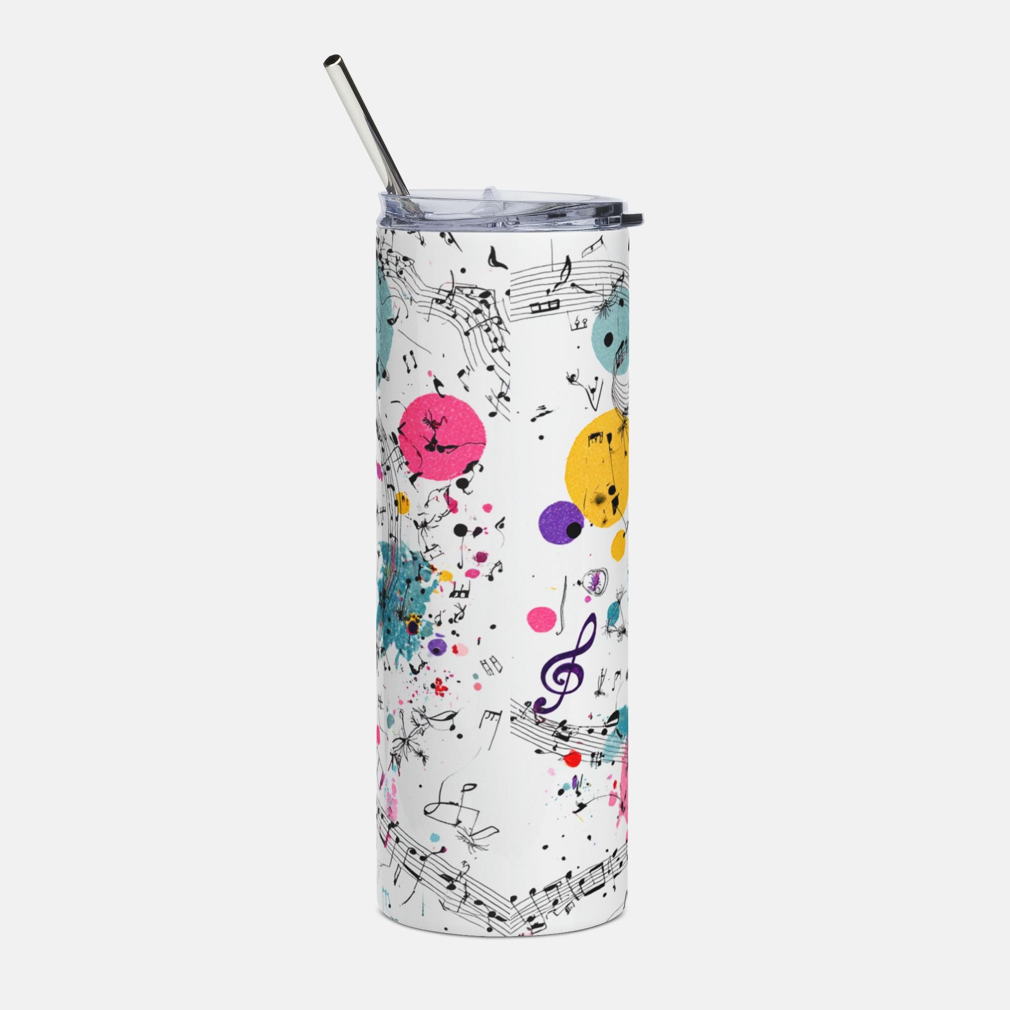 Tumbler with musical note and color pattern on a white background