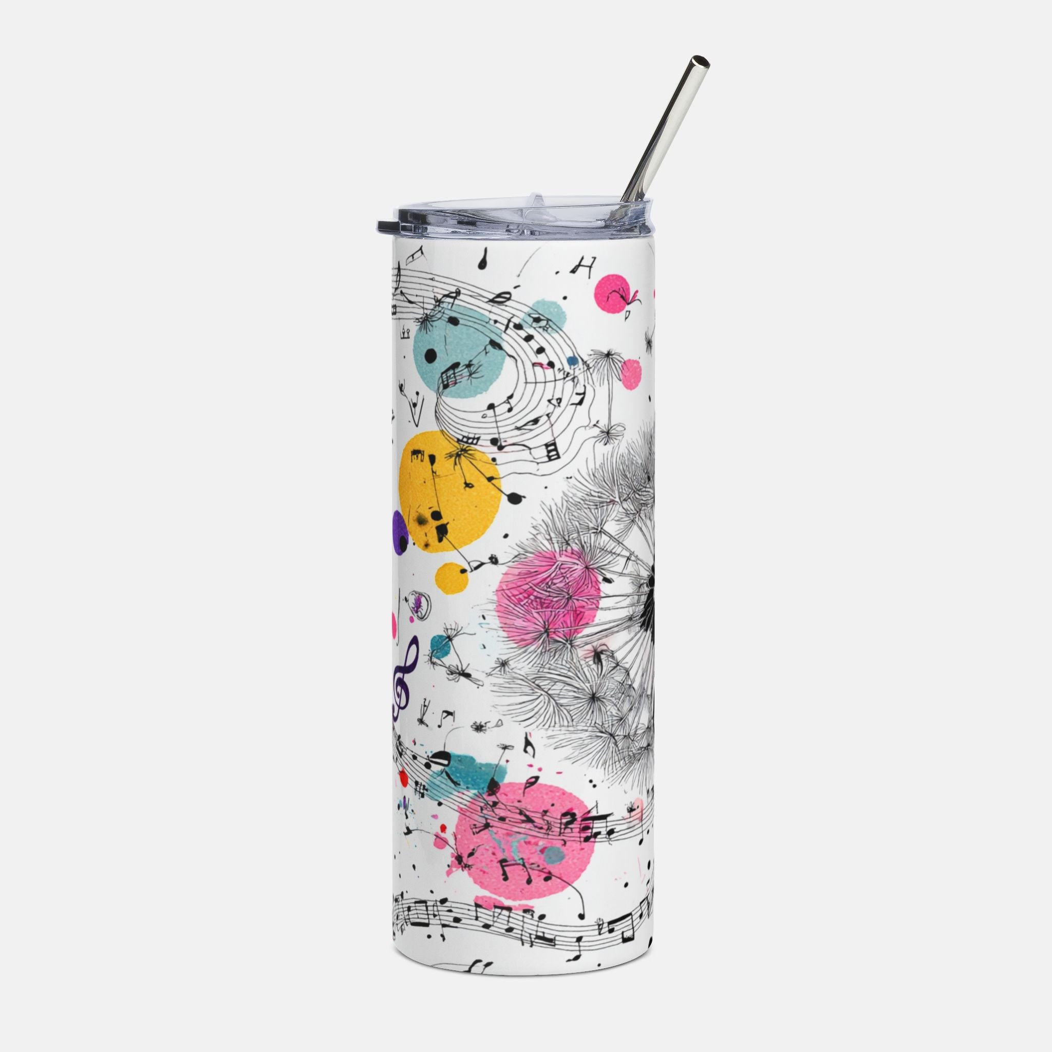 Tumbler with musical note and flower design on a white background