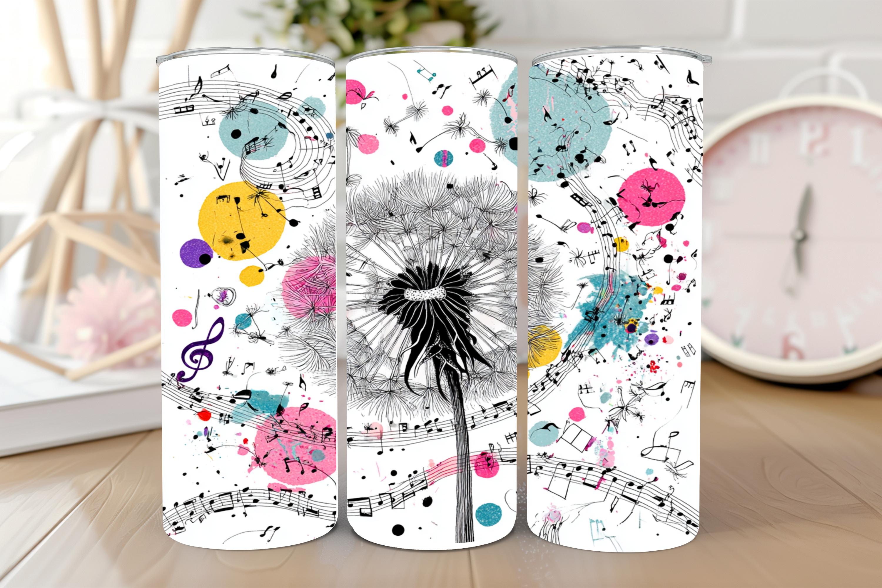 Three colorful phone cases with musical notes and dandelion design on a white background.