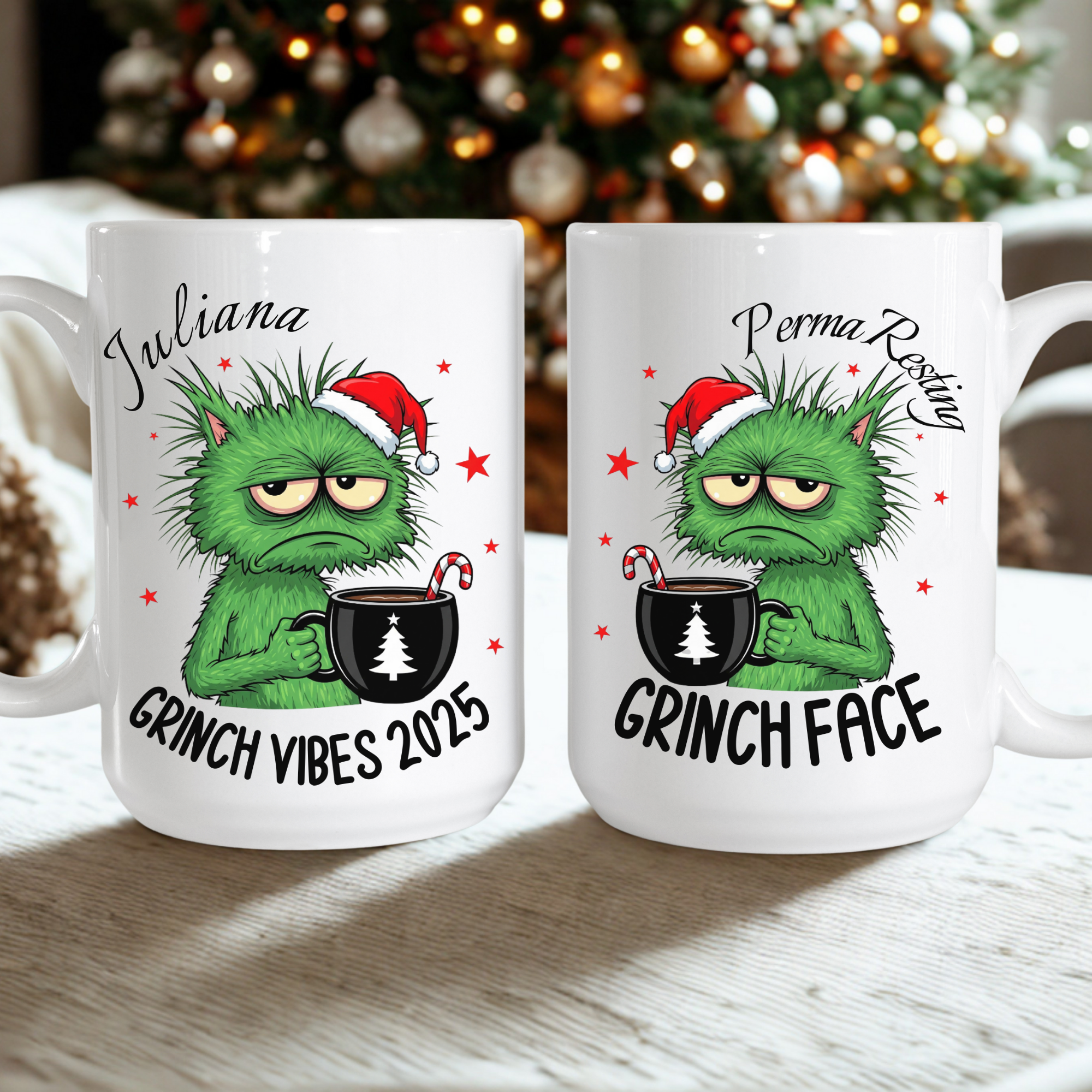 Perma Resting Grinch Face Cat Mug – Custom Name | Funny Holiday Christmas Coffee Cup | Grinch Vibes 2025