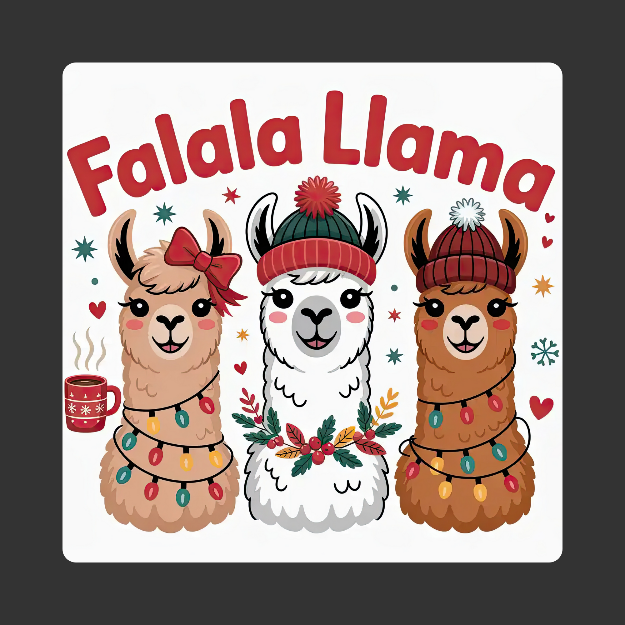 Three cartoon llamas wearing festive hats and decorations with 'Falala Llama' text on a white background.