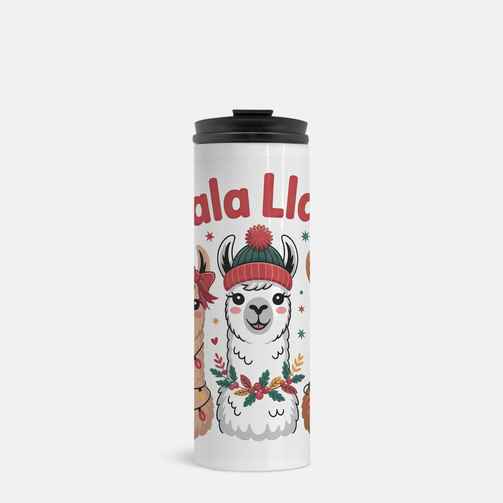 Travel mug with a llama design and 'Falala Llama' text on a white background