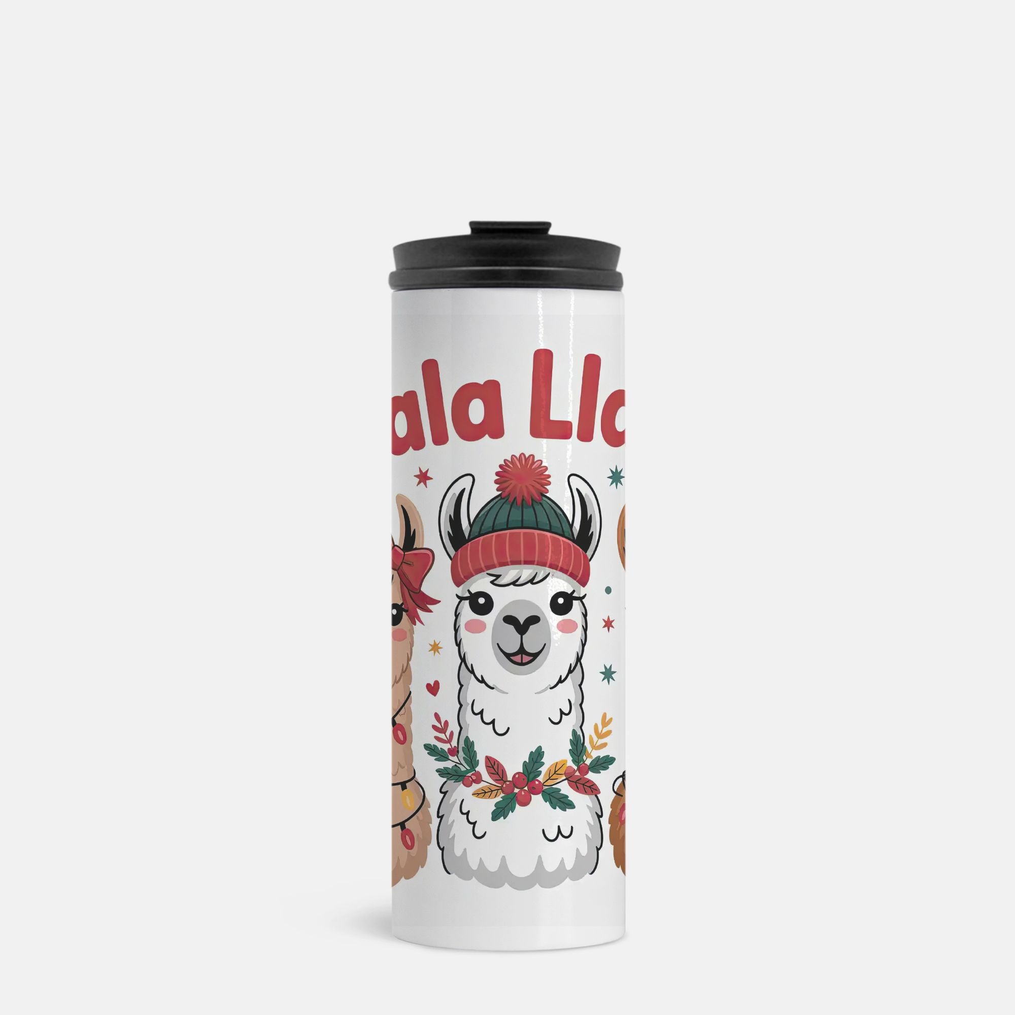 Travel mug with a llama design and 'Falala Llama' text on a white background