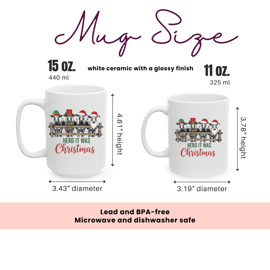 Two white ceramic mugs with Christmas design and text, showing size comparison and product details.