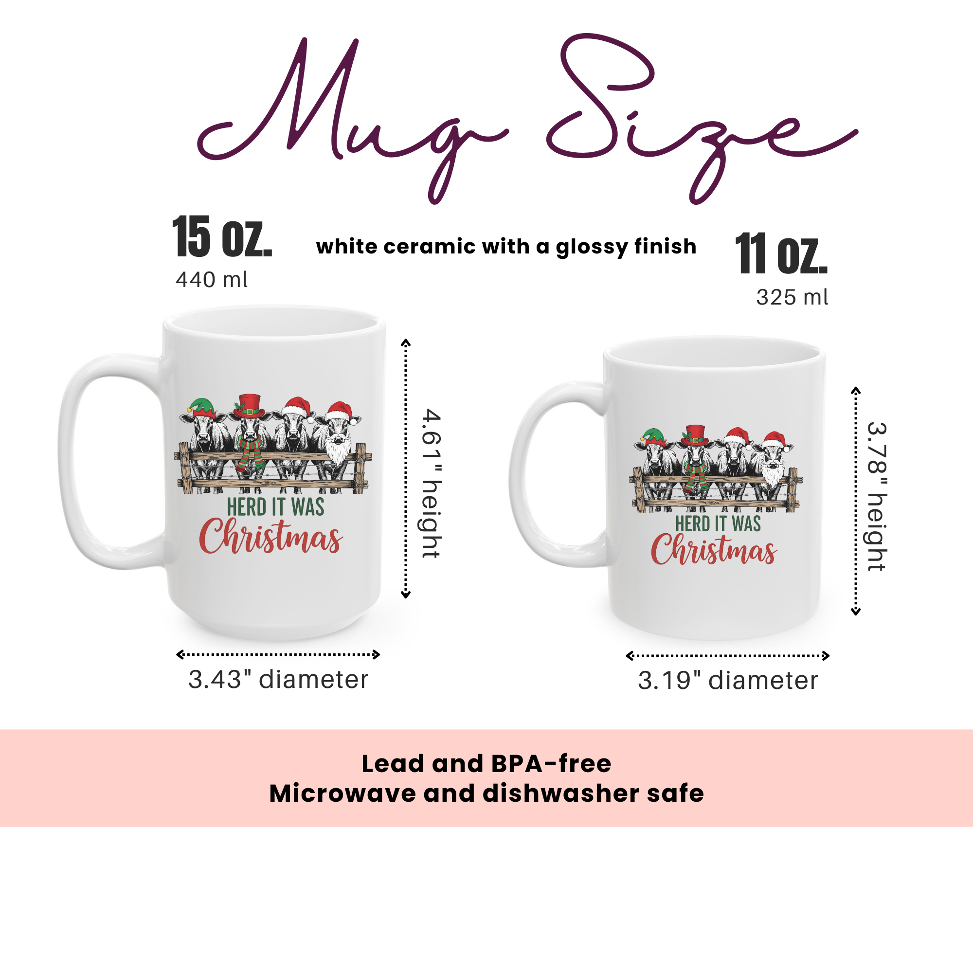Two white ceramic mugs with Christmas design and text, showing size comparison and product details.