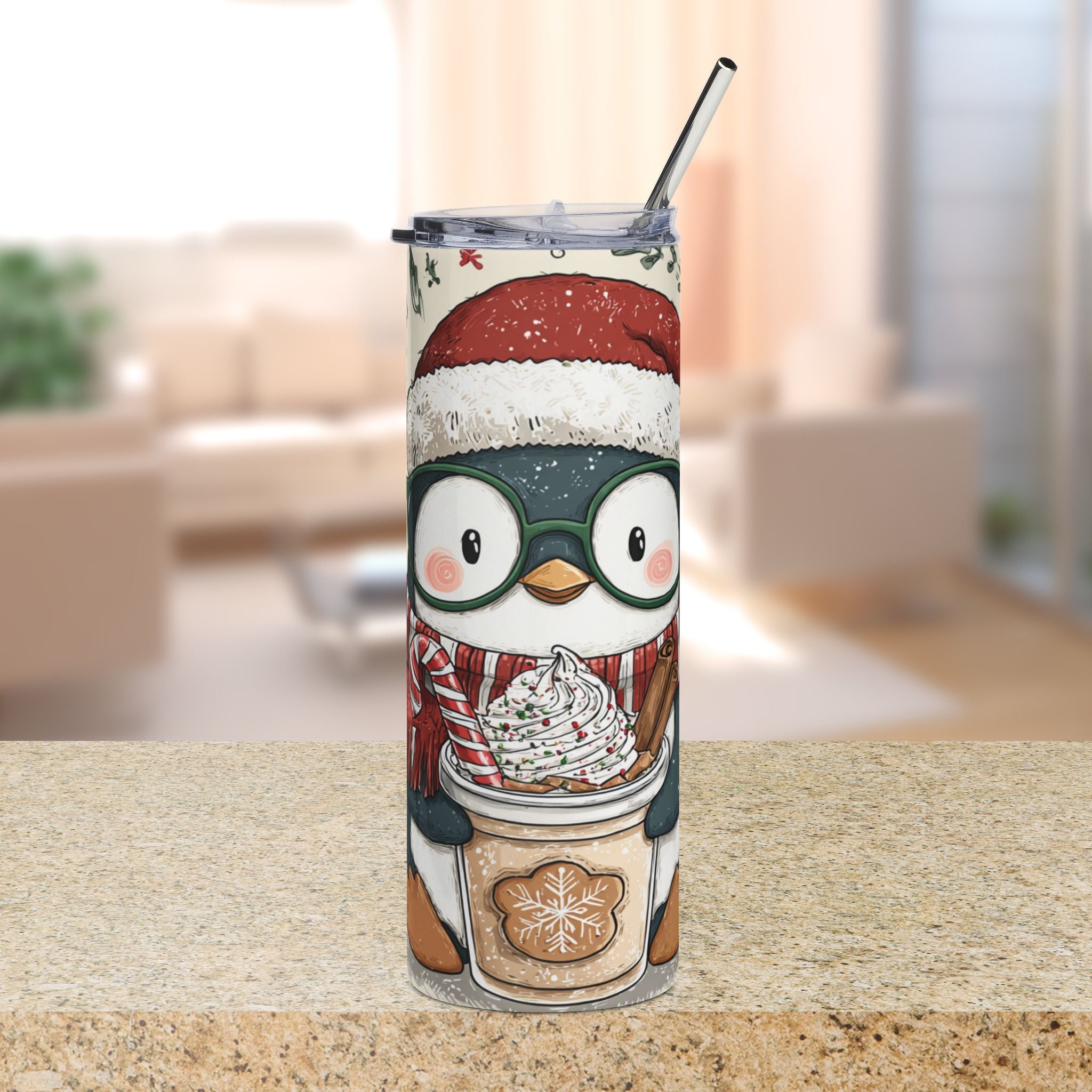 Tumbler with a penguin design holding a coffee cup on a countertop.