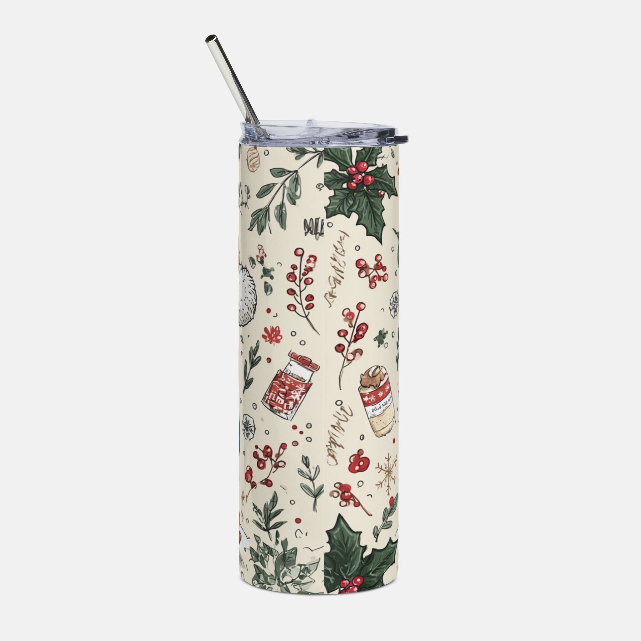 Tumbler with Christmas-themed design on a white background