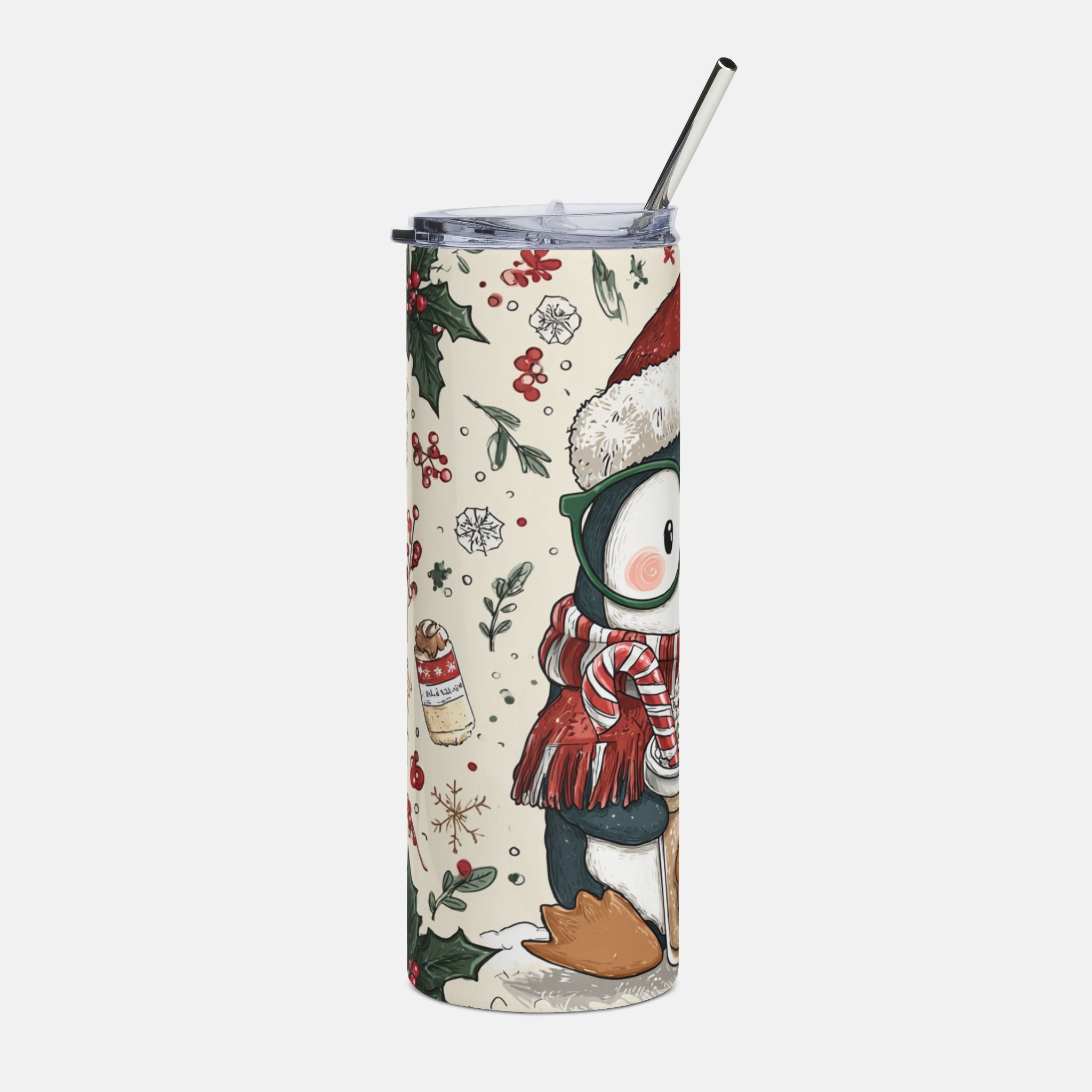 Tumbler with a penguin design and Christmas elements on a white background