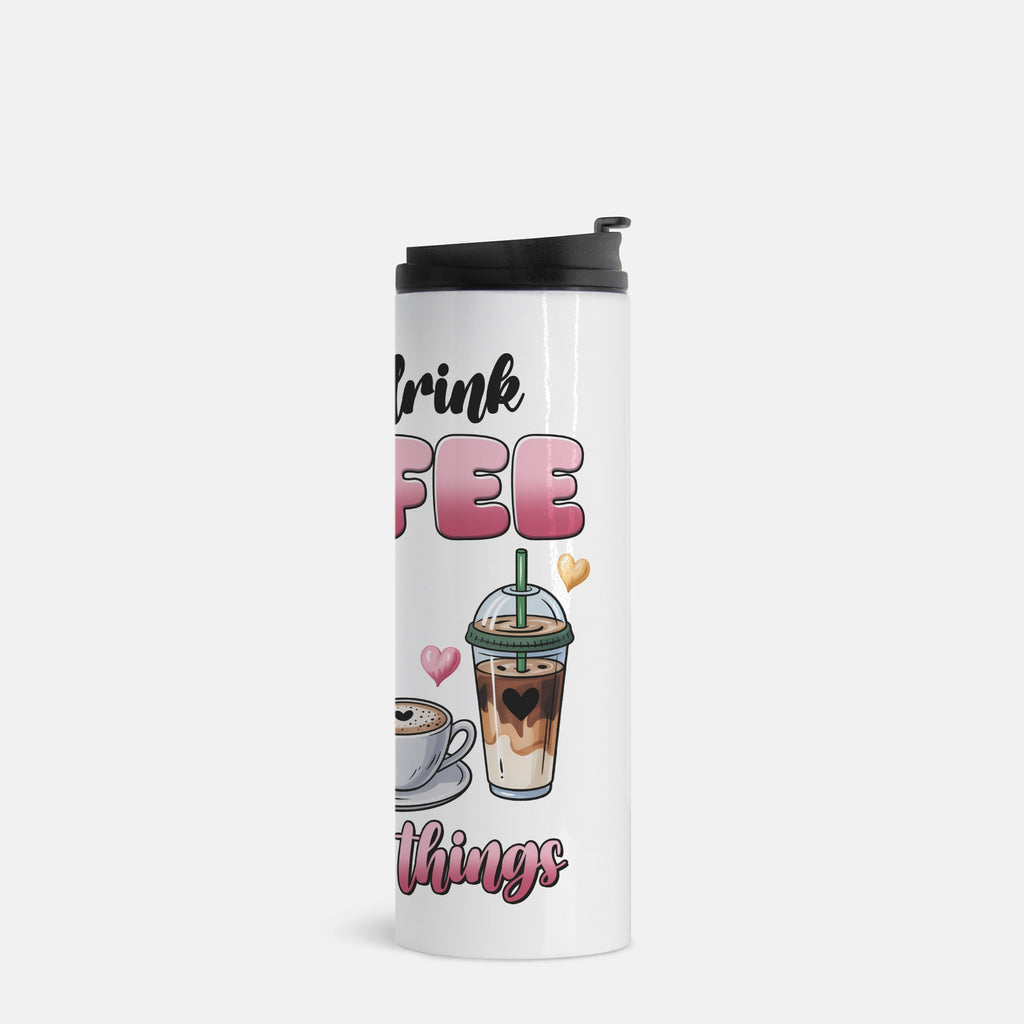 White tumbler with coffee-themed design and text on a white background