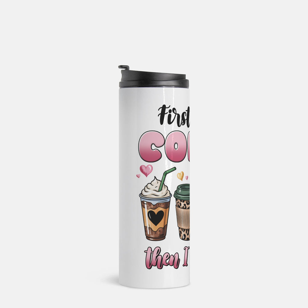 White tumbler with coffee-themed design and text on a white background