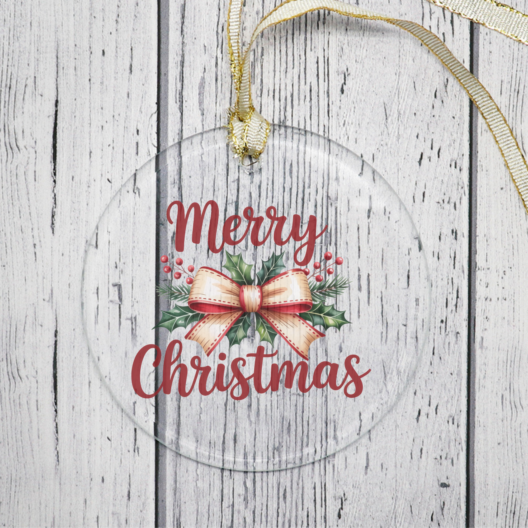 Retro Merry Christmas Ornament - Clear Glass (Round)