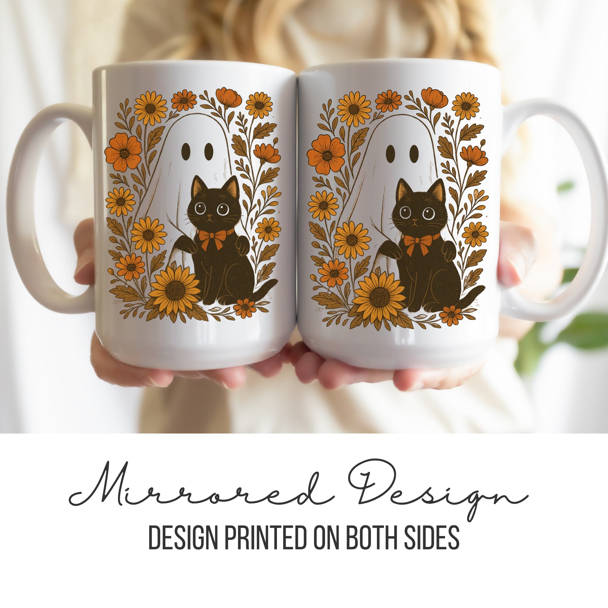 Two mugs with a mirrored design of a ghost and a black cat holding a pumpkin, held together.