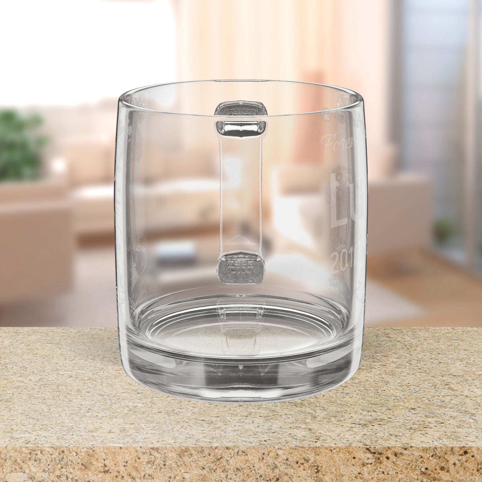 Clear glass mug on a blurred indoor background