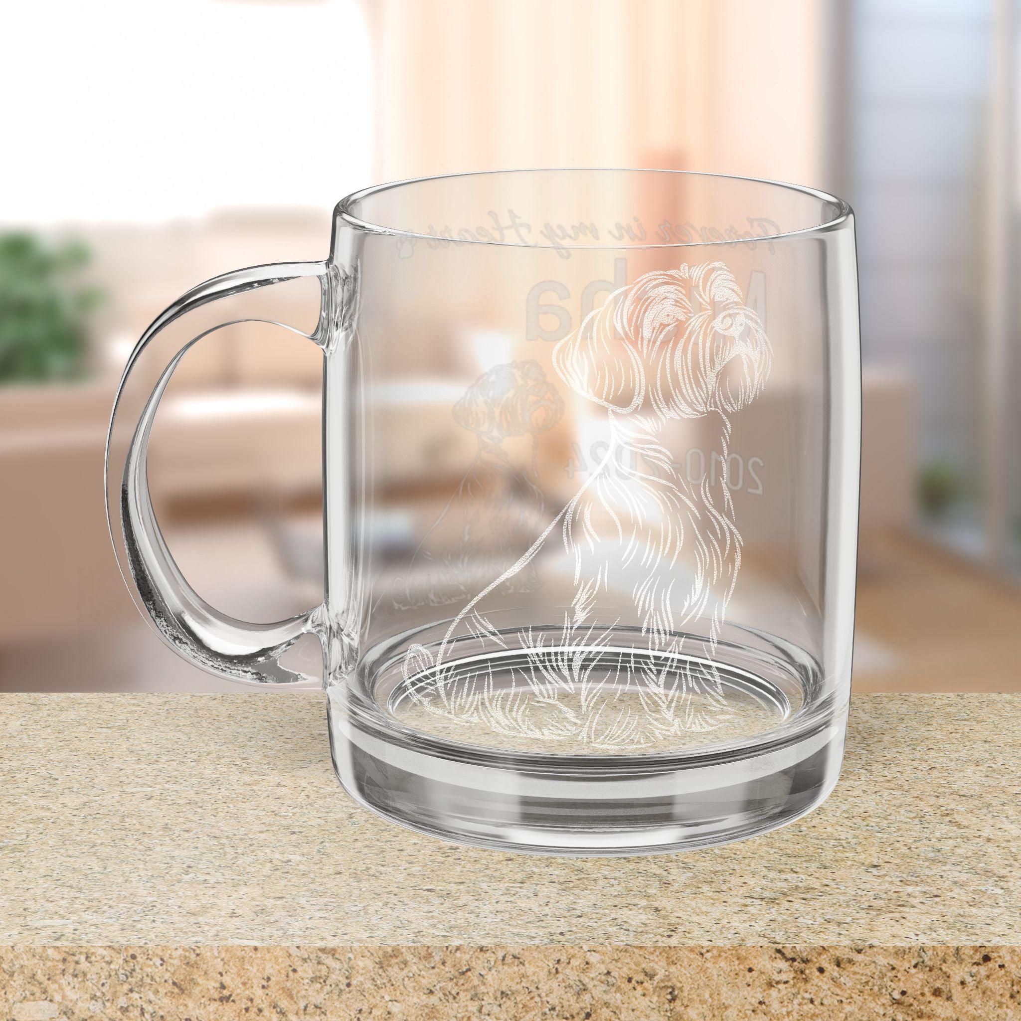 Clear glass mug with a Black Russian Terrier dog illustration on a wooden surface