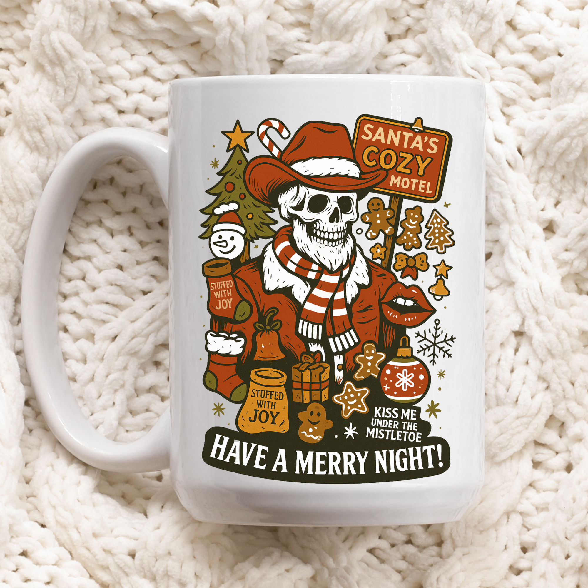 White mug with a festive skull design and text on a white textured background