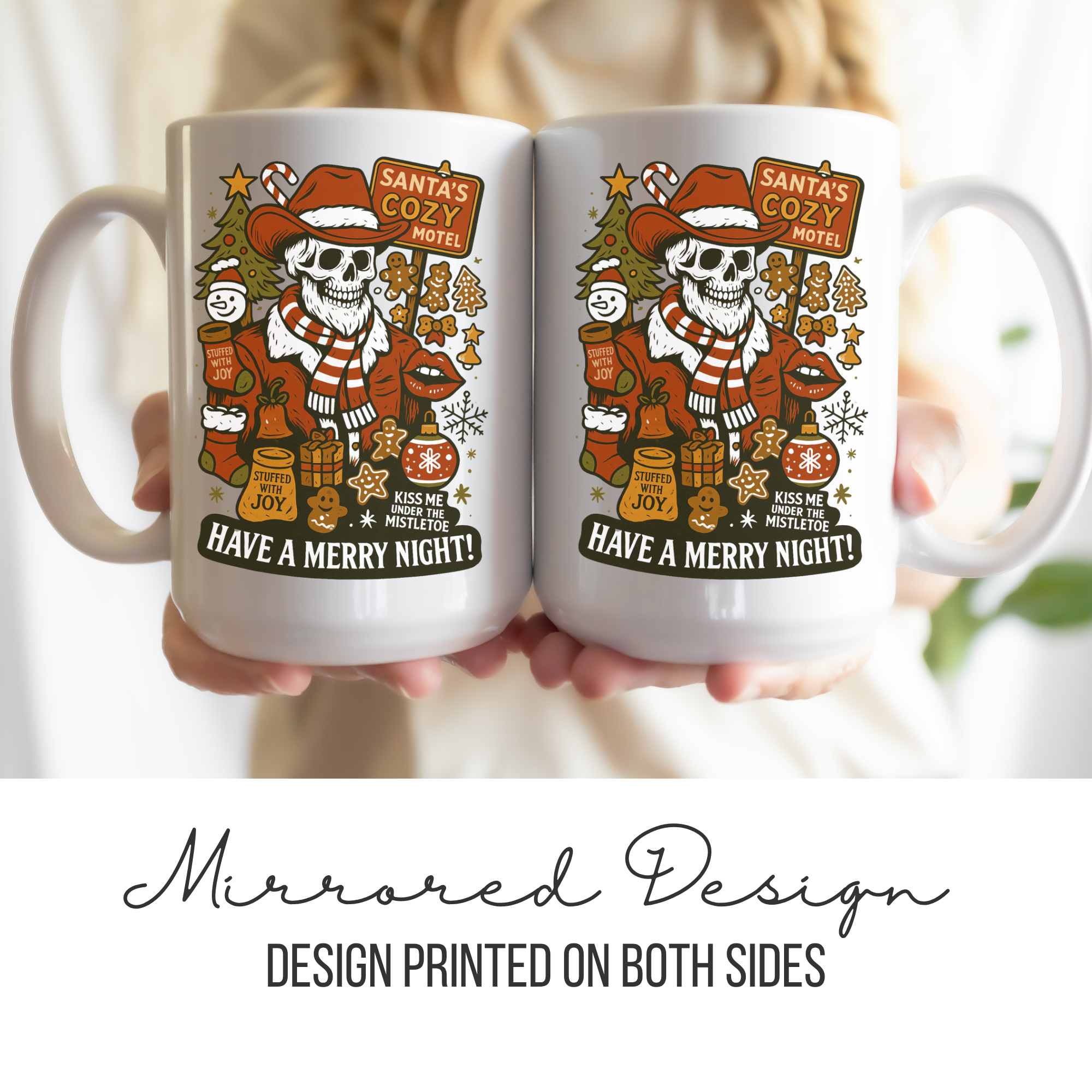 Two white mugs with a mirrored design of a skeleton in a Santa hat and Christmas-themed text.