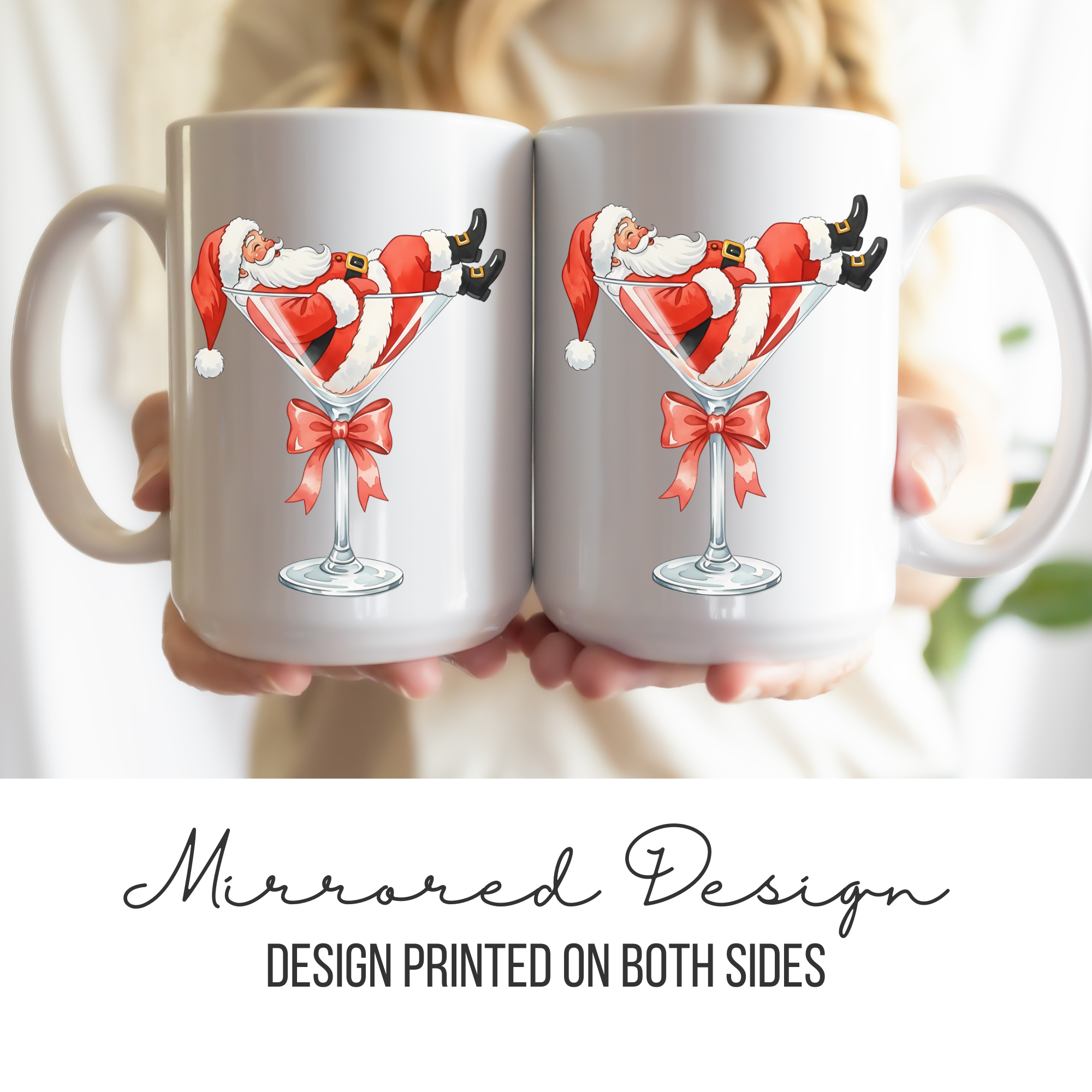 Two mugs with a mirrored design of Santa Claus in a martini glass, held together.