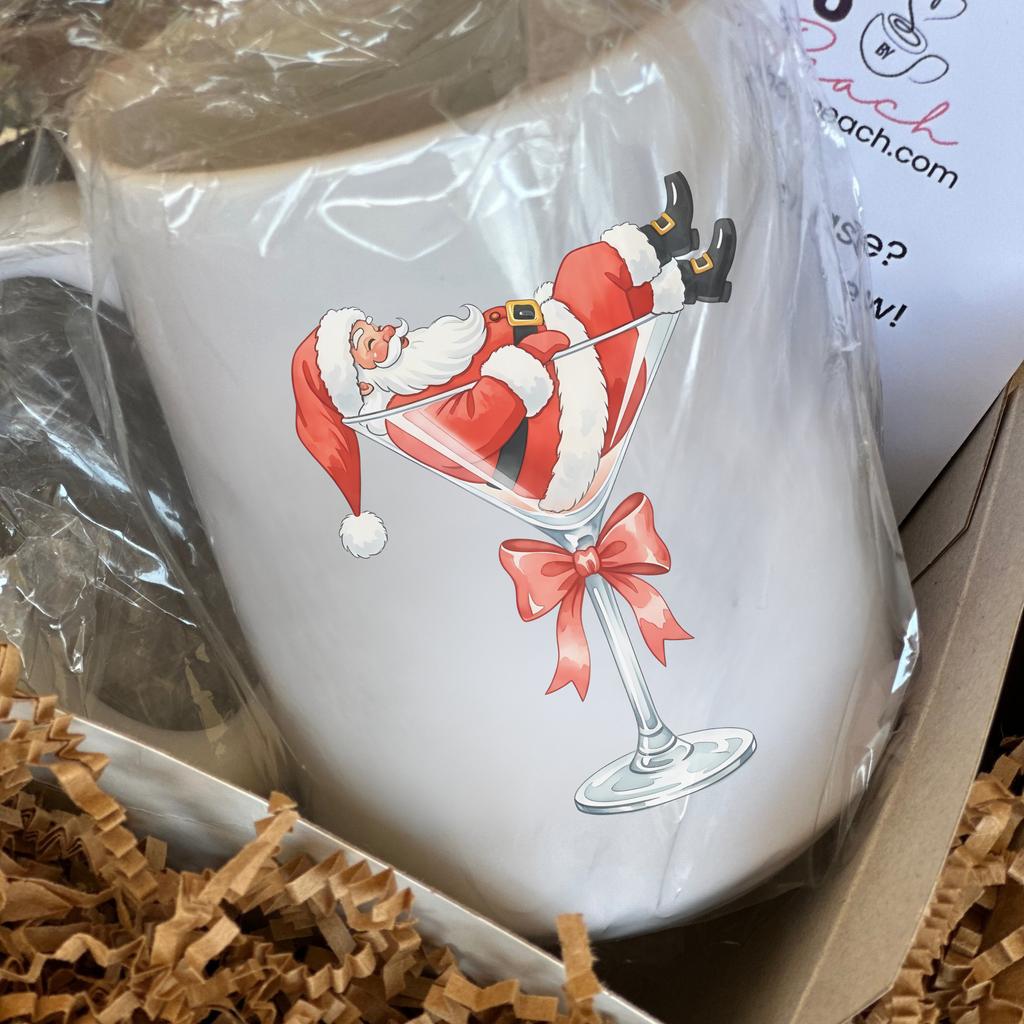 White mug with Santa Claus design in a box