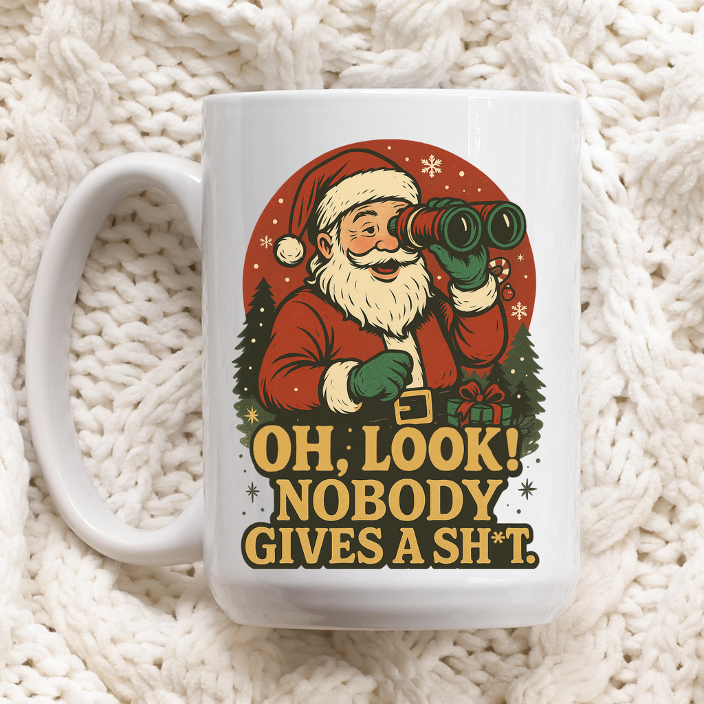 Mug with Santa Claus design and text on a textured white background