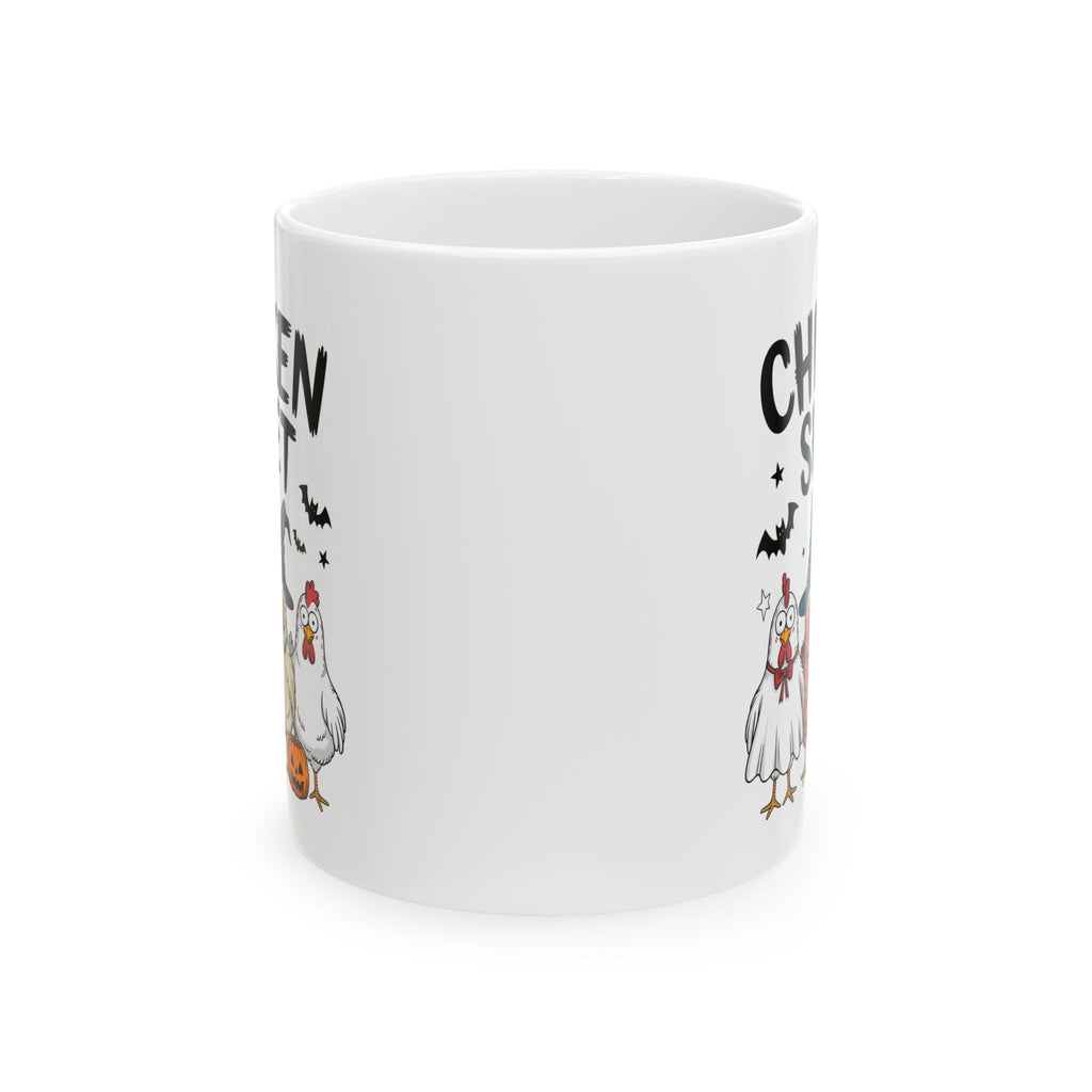 White mug with Halloween-themed design featuring chickens and bats on a white background