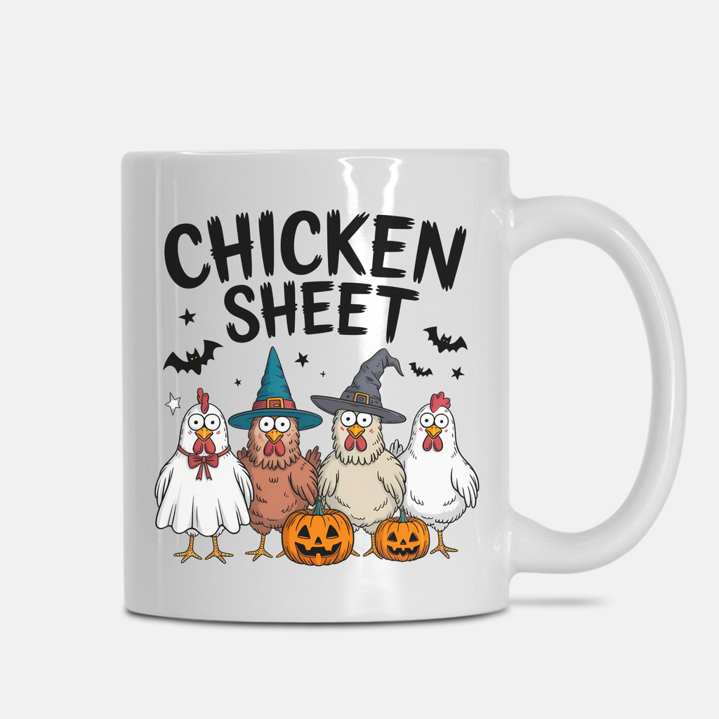 Mug with Halloween-themed design featuring chickens in costumes and pumpkins, text 'Chicken Sheet'.
