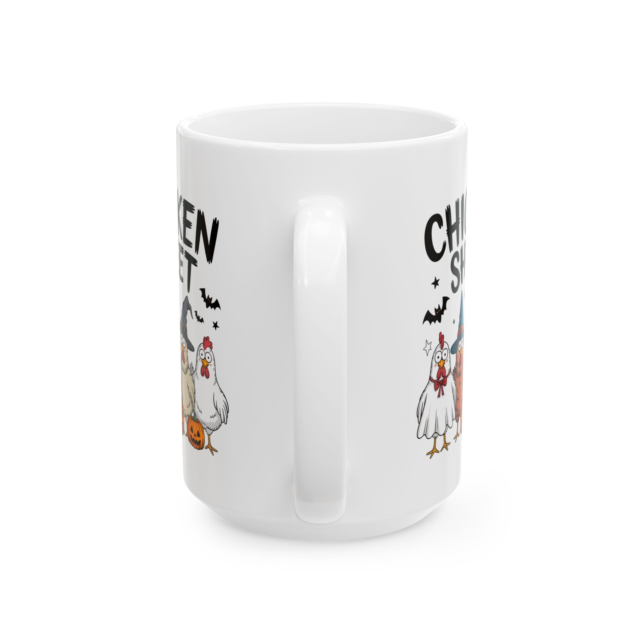White mug with Halloween-themed chicken designs on a white background
