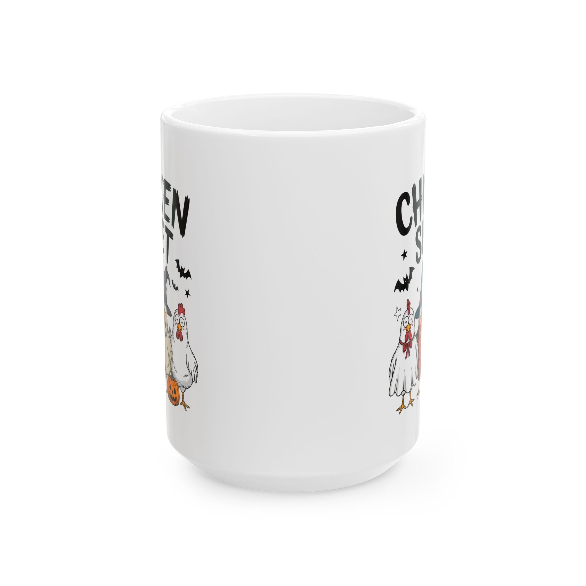 White mug with cartoon chicken design and text on a white background