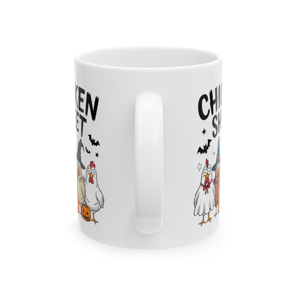 White mug with Halloween-themed design featuring chickens and text on a white background