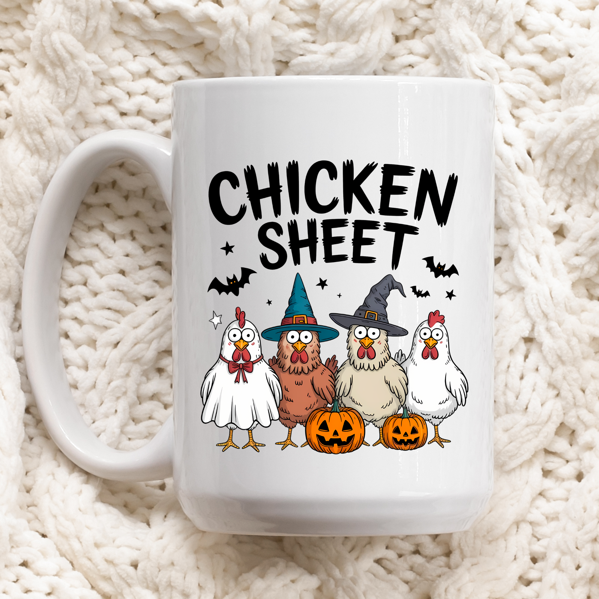 White mug with Halloween-themed design featuring cartoon chickens and text on a textured white background
