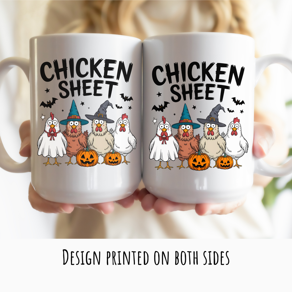 Two mugs with a Halloween-themed design of chickens and pumpkins, held together.