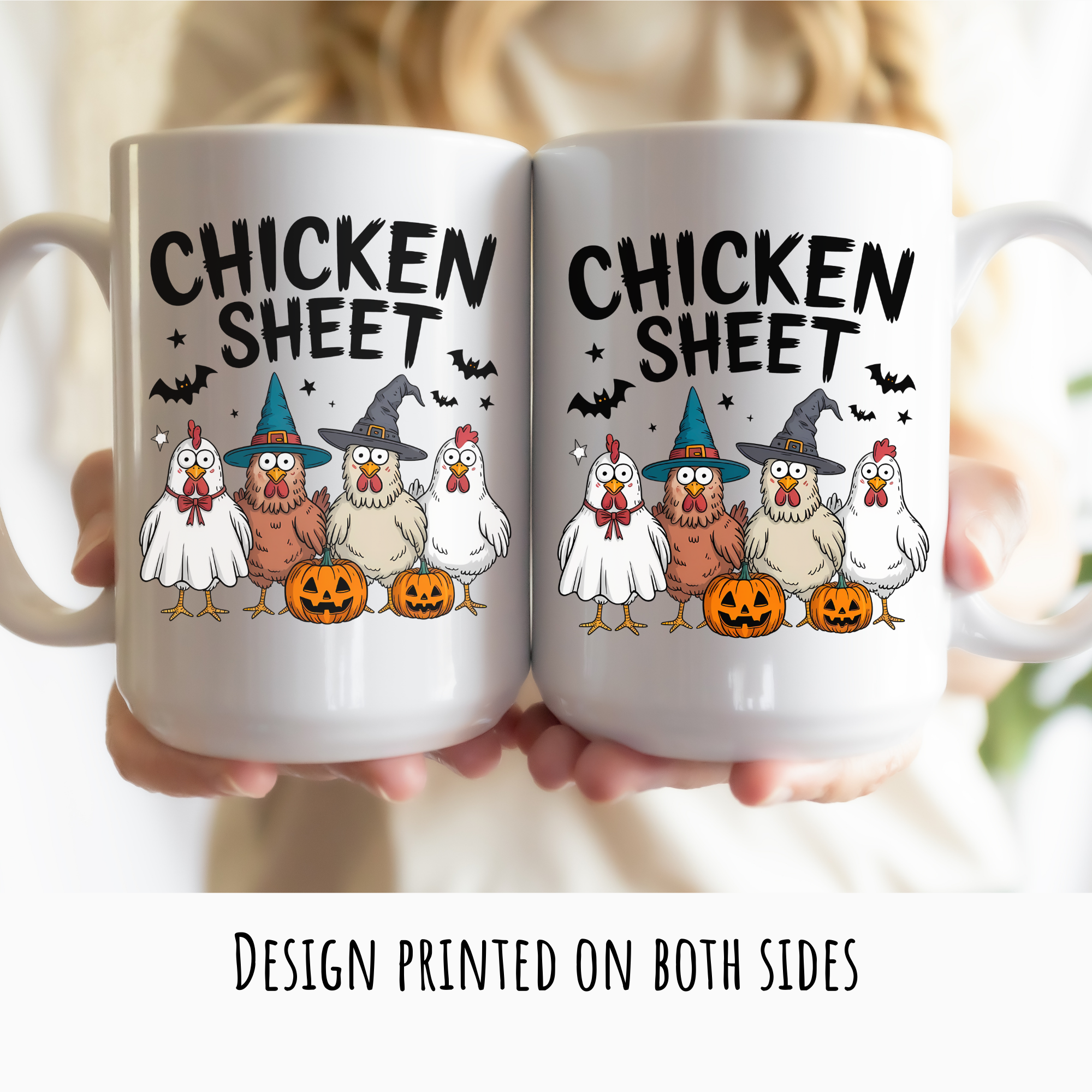 Two mugs with a Halloween-themed design of chickens and pumpkins, held together.