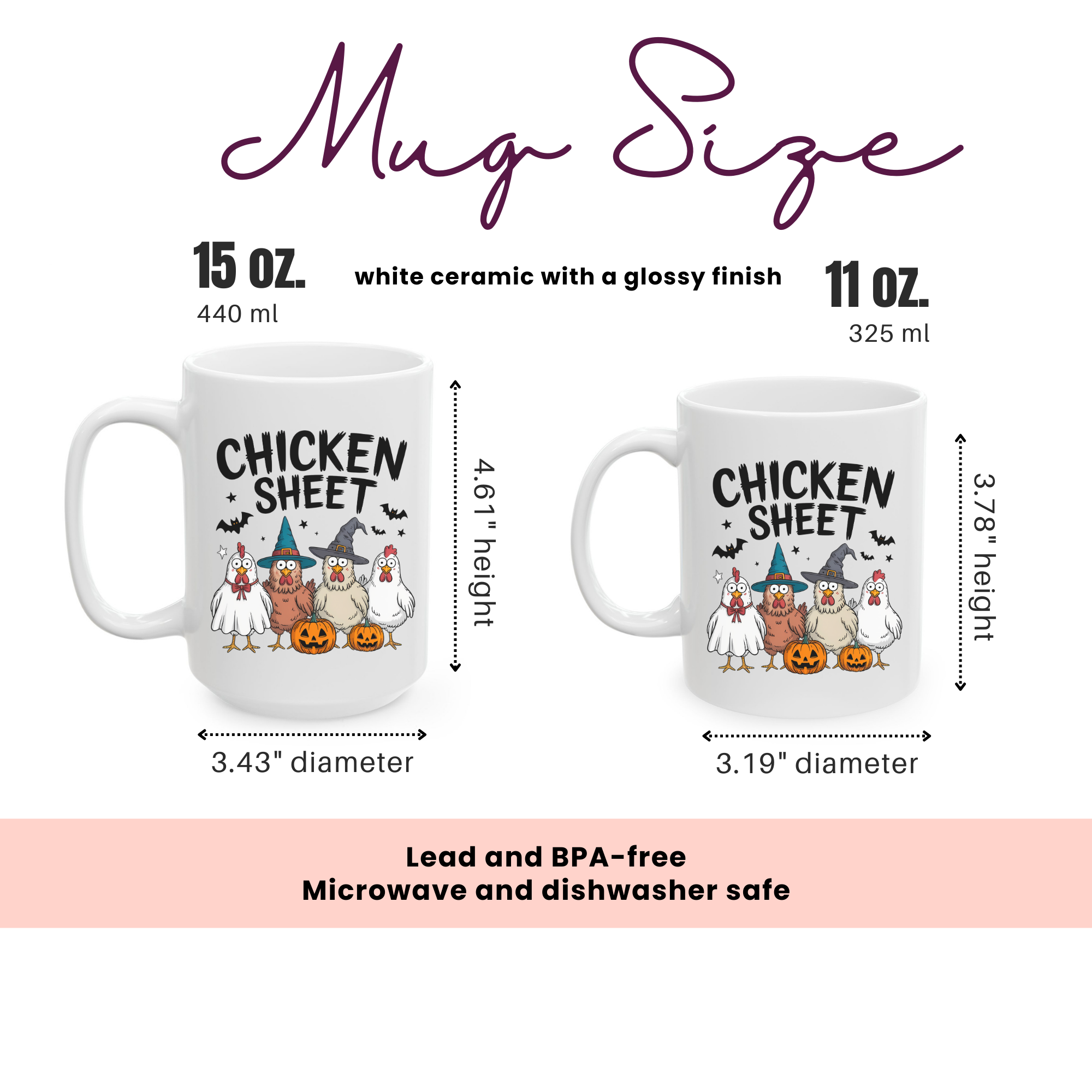 Two mugs with 'Chicken Sheet' text and Halloween-themed design, showing measurements and safety information.