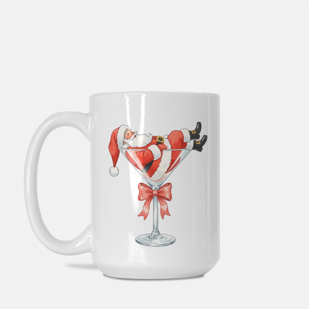 White mug with a design of Santa Claus in a martini glass on a white background
