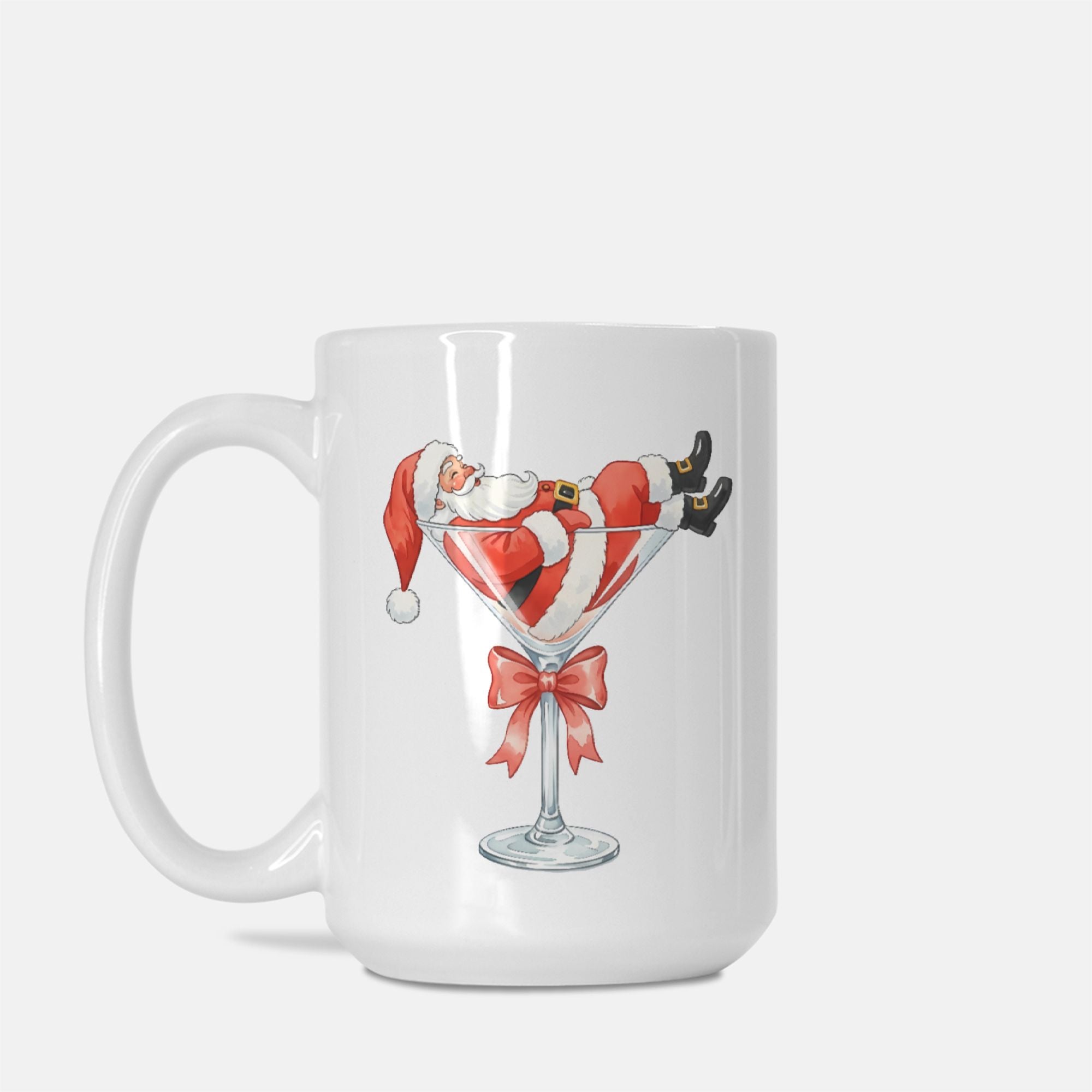 White mug with a design of Santa Claus in a martini glass on a white background