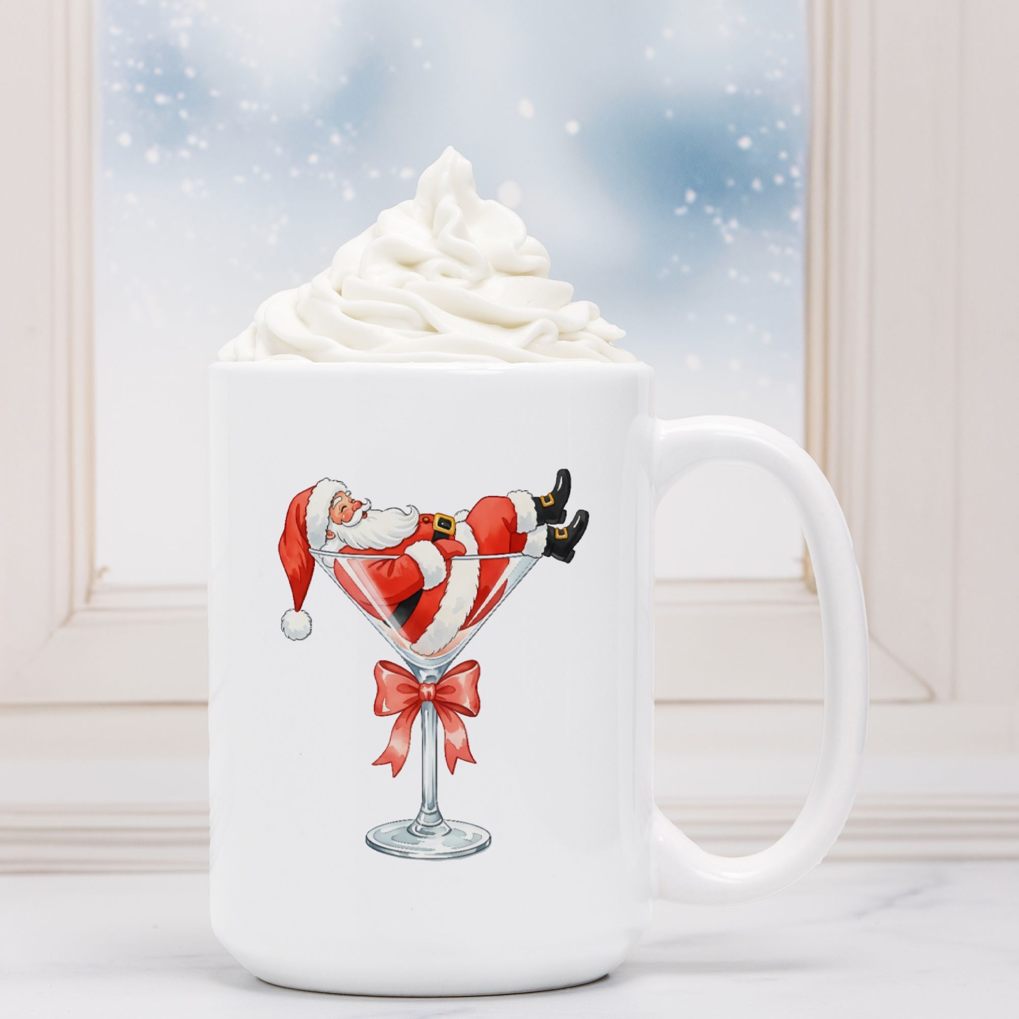 White mug with a design of Santa Claus in a martini glass against a snowy window background